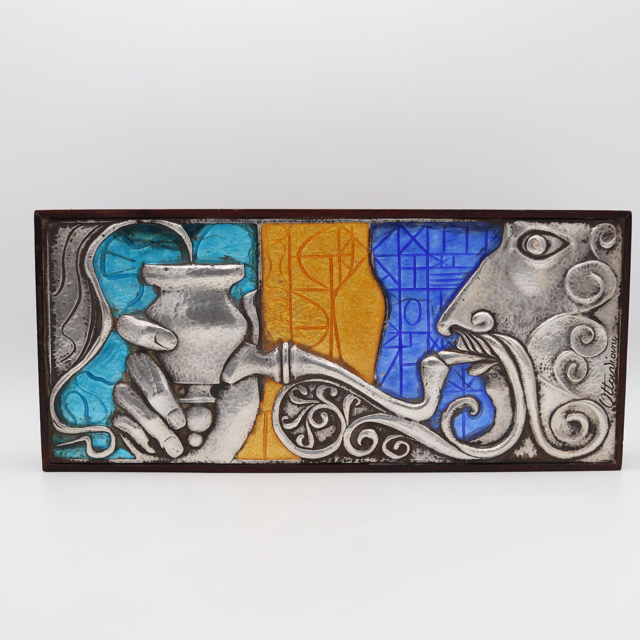OTTAVIANI Caja de cedro modernista 1960 de plata de ley 925 con diseños esmaltados Silver en venta