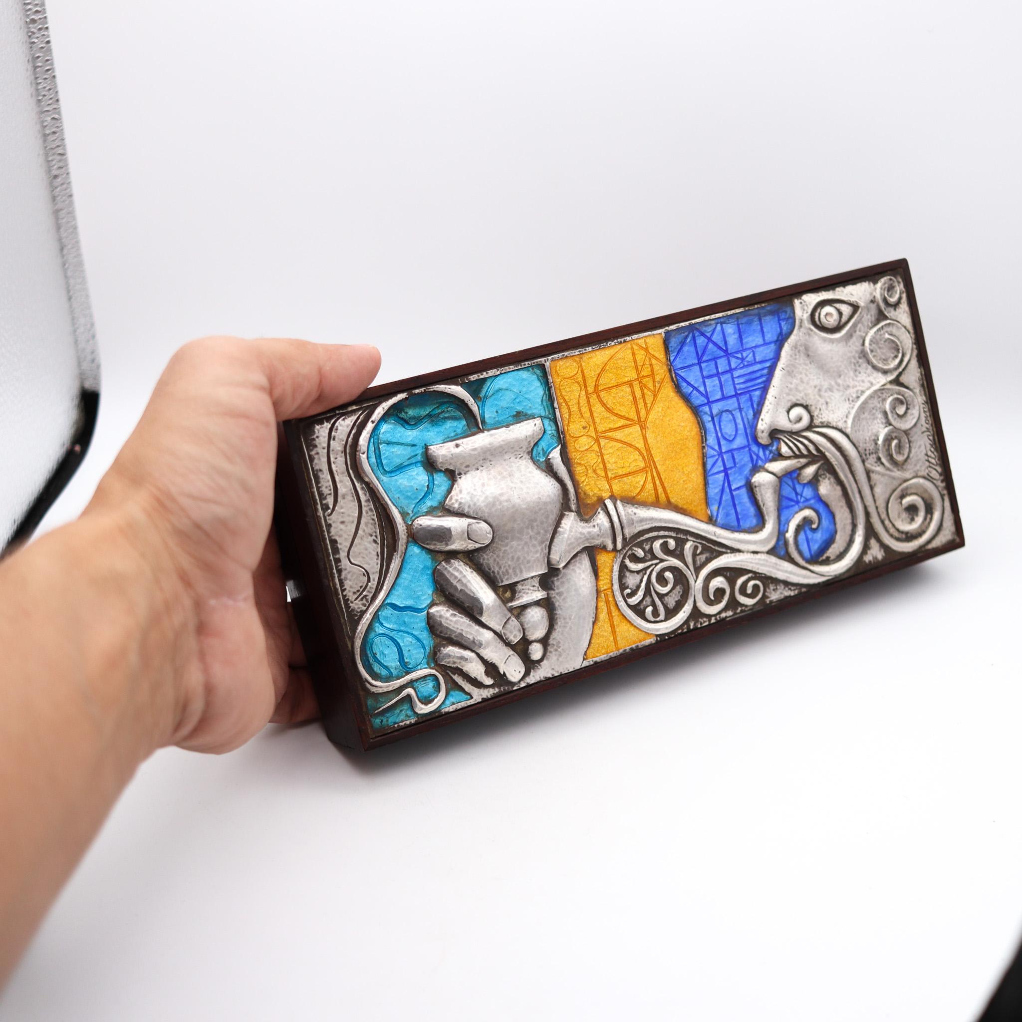 OTTAVIANI Caja de cedro modernista 1960 de plata de ley 925 con diseños esmaltados en venta 1