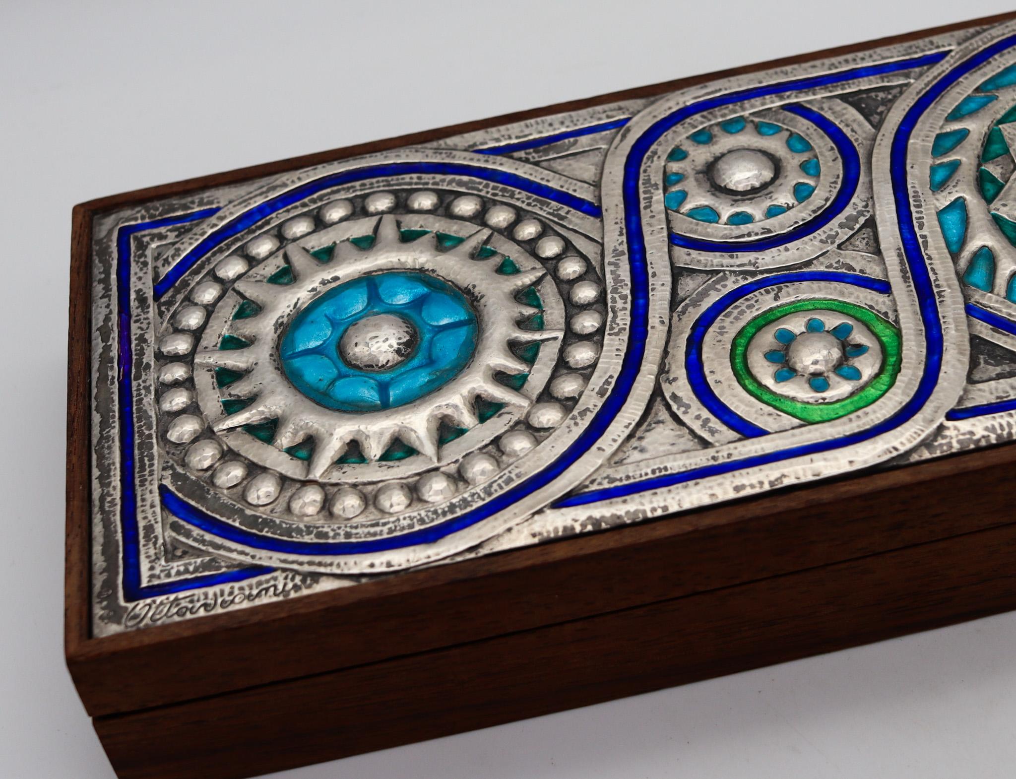 OTTAVIANI Caja de cedro modernista de 1960 con diseños esmaltados Plata de ley .925 Moderno de mediados de siglo en venta