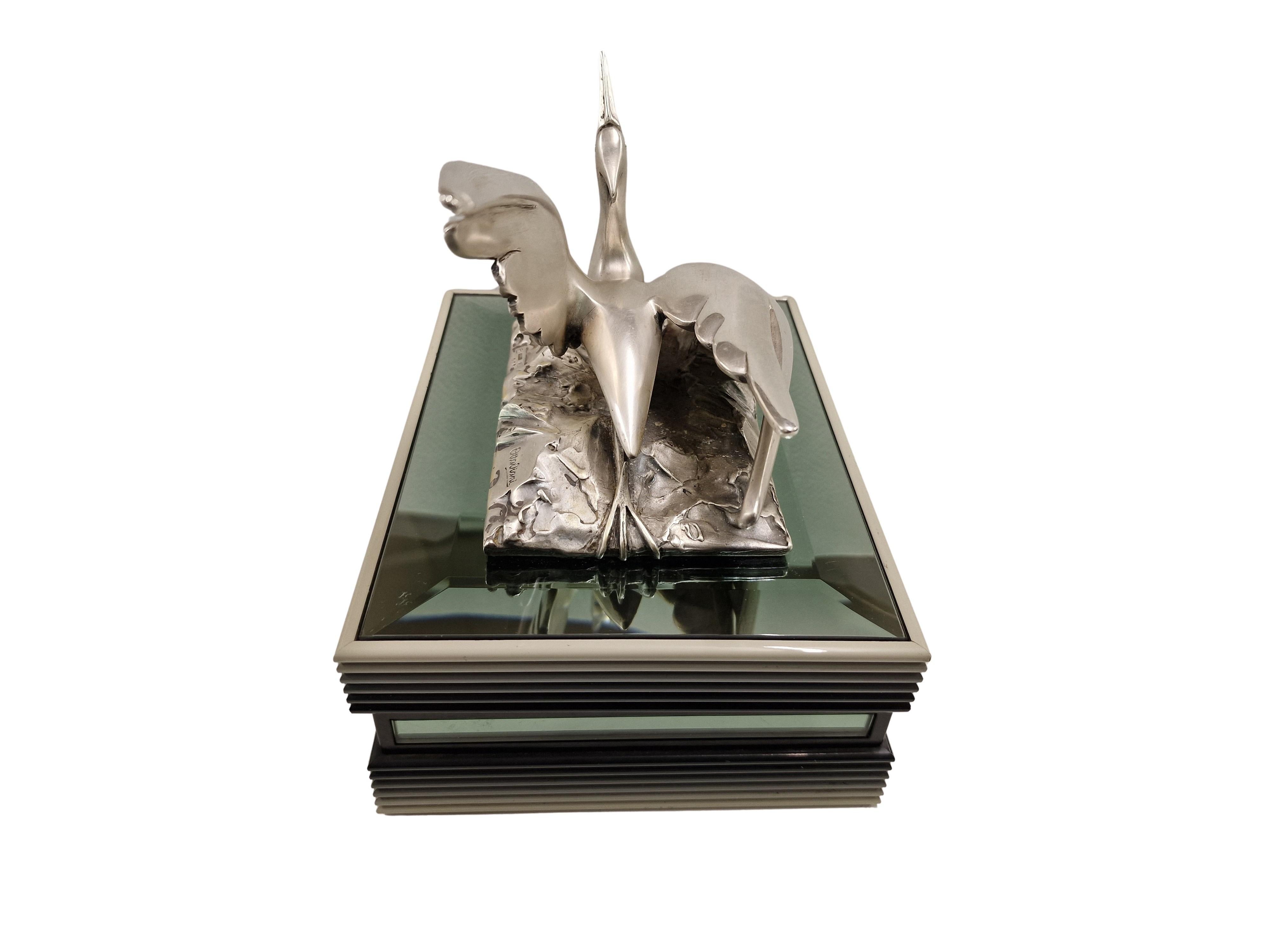 Caja con tapa de plata de ley italiana de mediados de siglo Ottaviani con grulla de pájaro, años 70 3