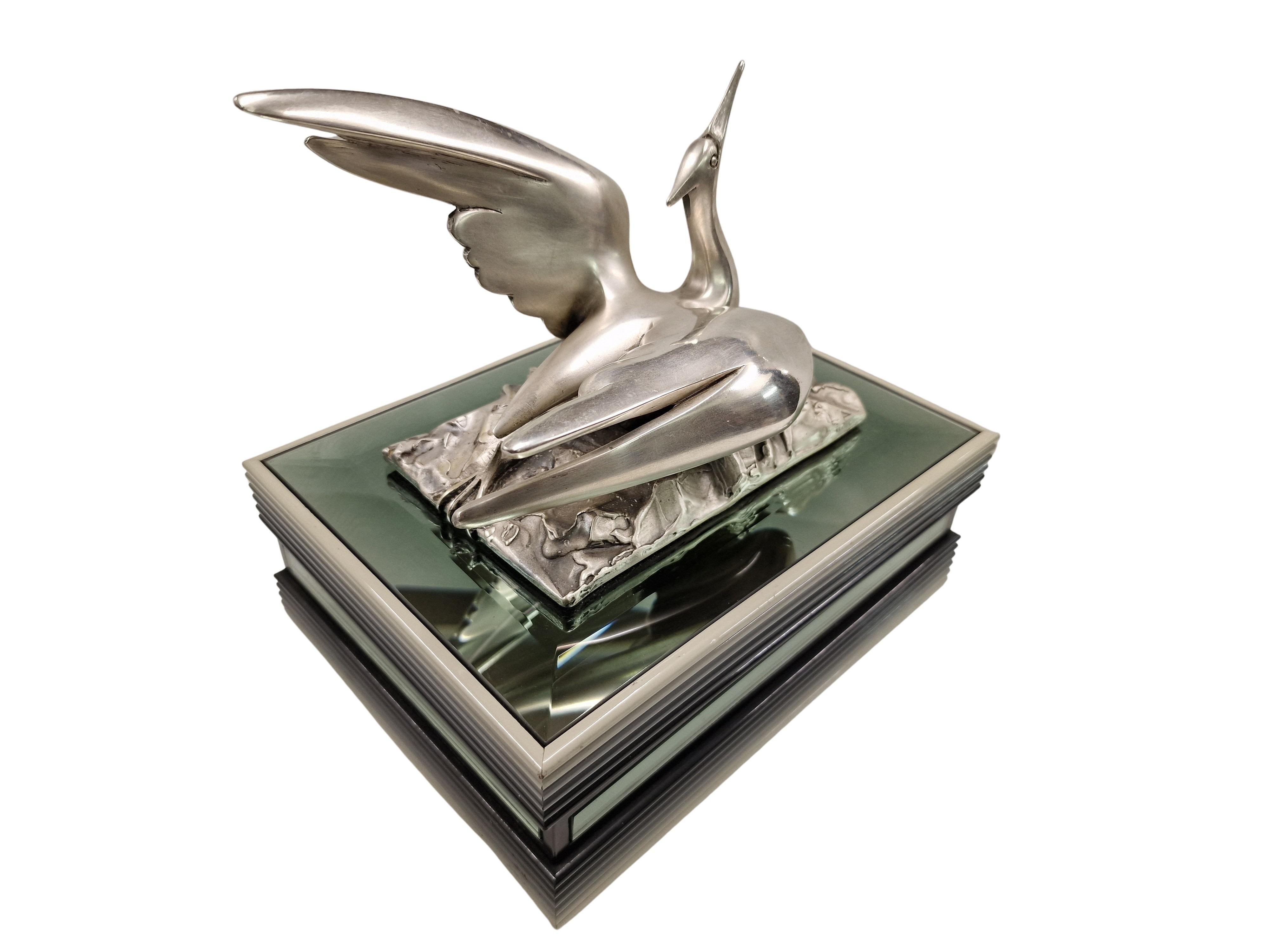 Caja con tapa de plata de ley italiana de mediados de siglo Ottaviani con grulla de pájaro, años 70 4