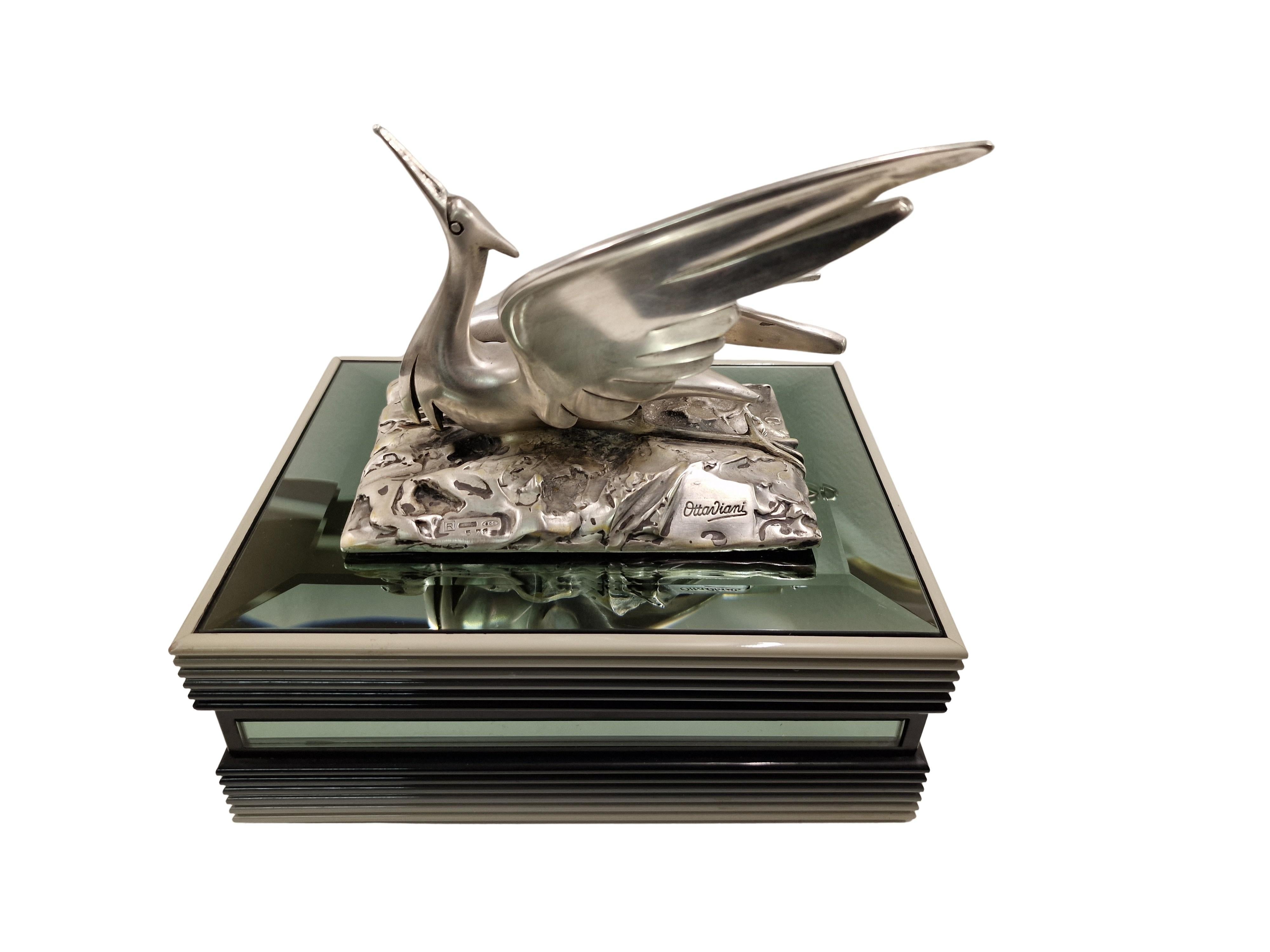 Caja con tapa de plata de ley italiana de mediados de siglo Ottaviani con grulla de pájaro, años 70 8
