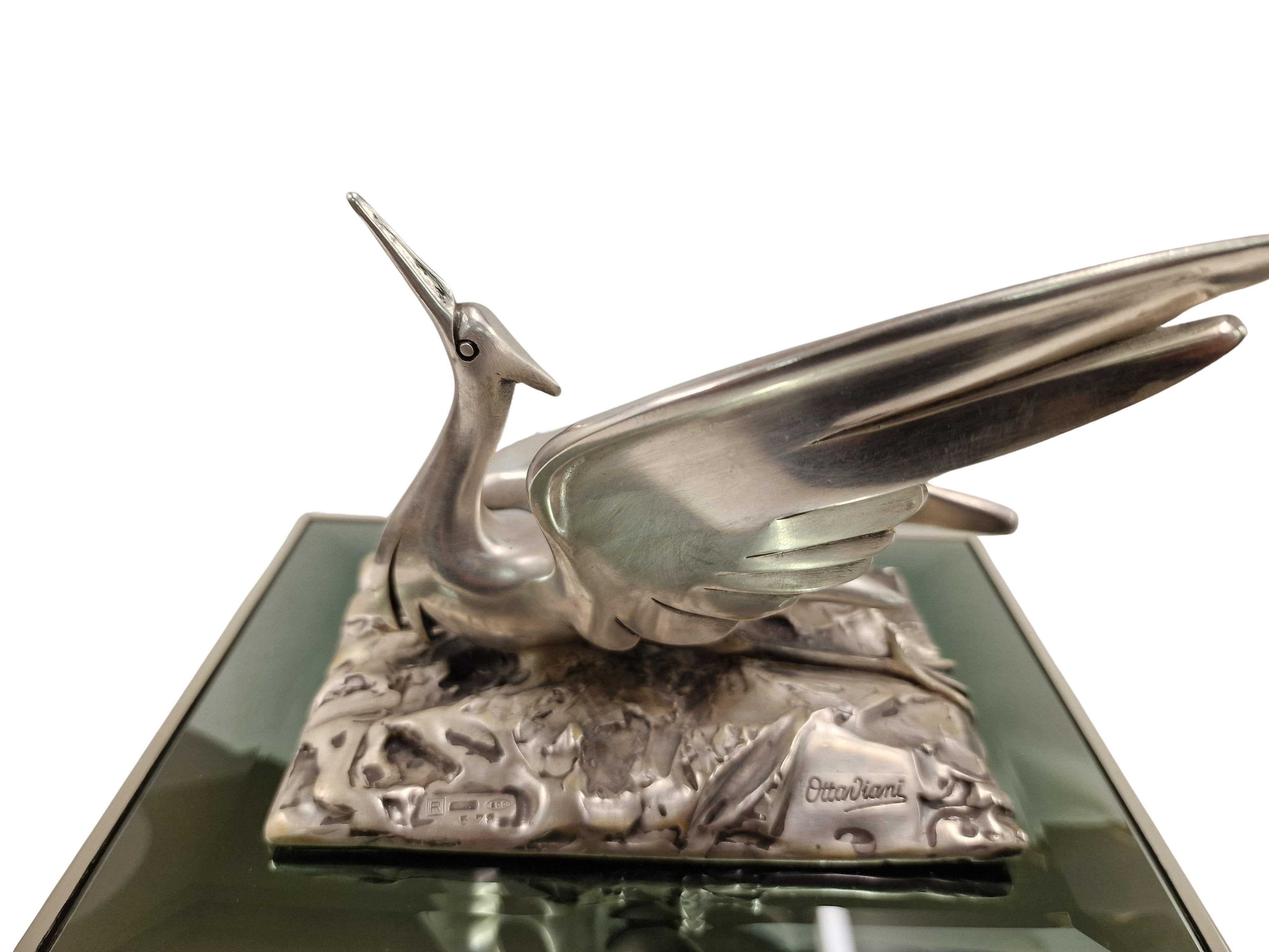 Caja con tapa de plata de ley italiana de mediados de siglo Ottaviani con grulla de pájaro, años 70 1