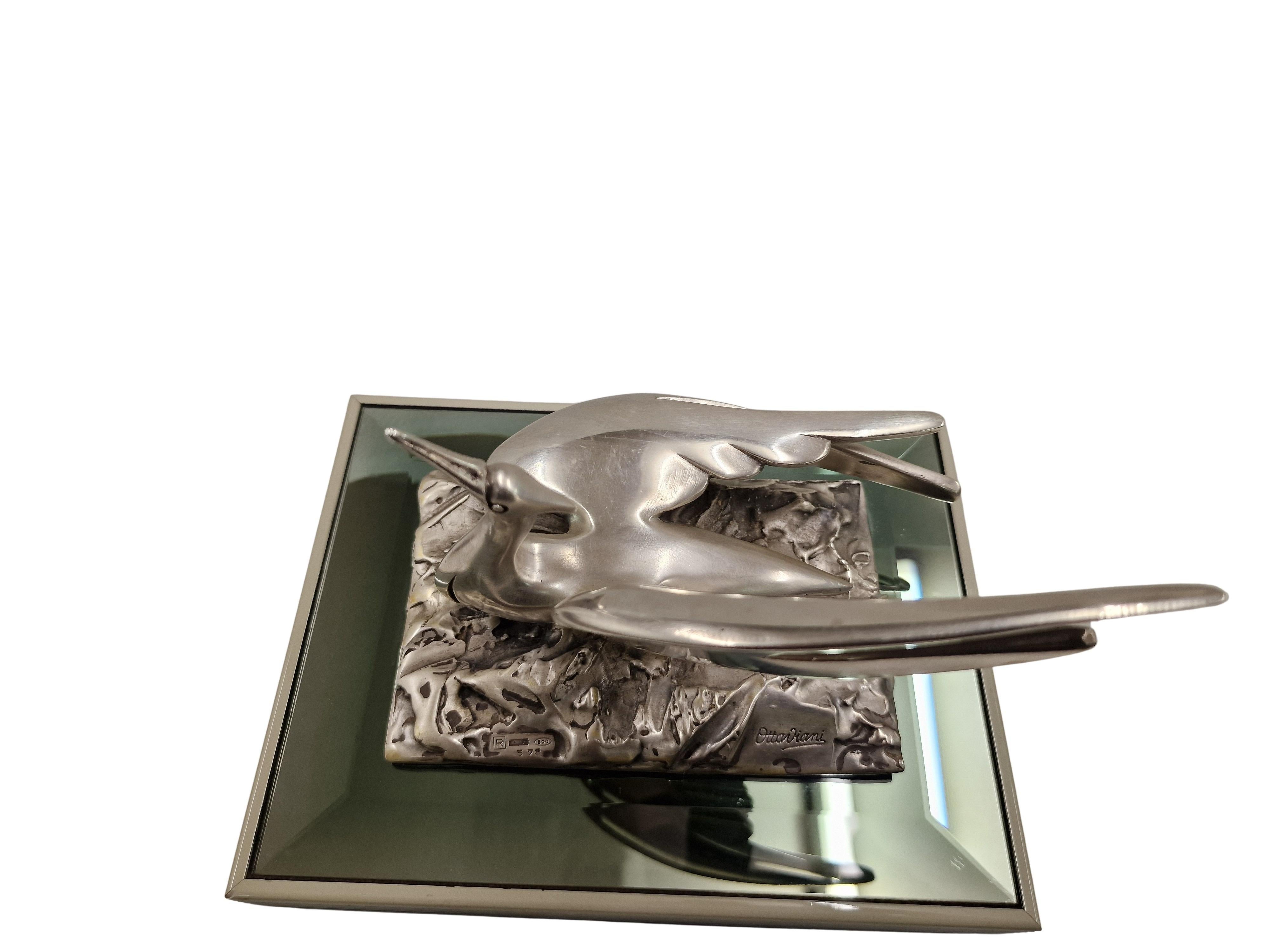 Caja con tapa de plata de ley italiana de mediados de siglo Ottaviani con grulla de pájaro, años 70 2