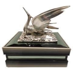 Caja con tapa de plata de ley italiana de mediados de siglo Ottaviani con grulla de pájaro, años 70