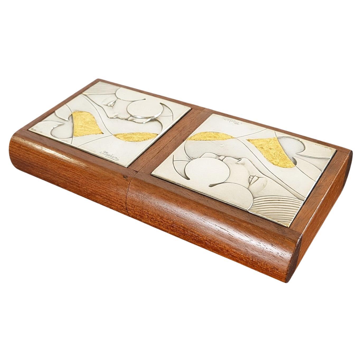 Ottaviani Italian Playing Card Box, Walnut & Silver, Circa 1970