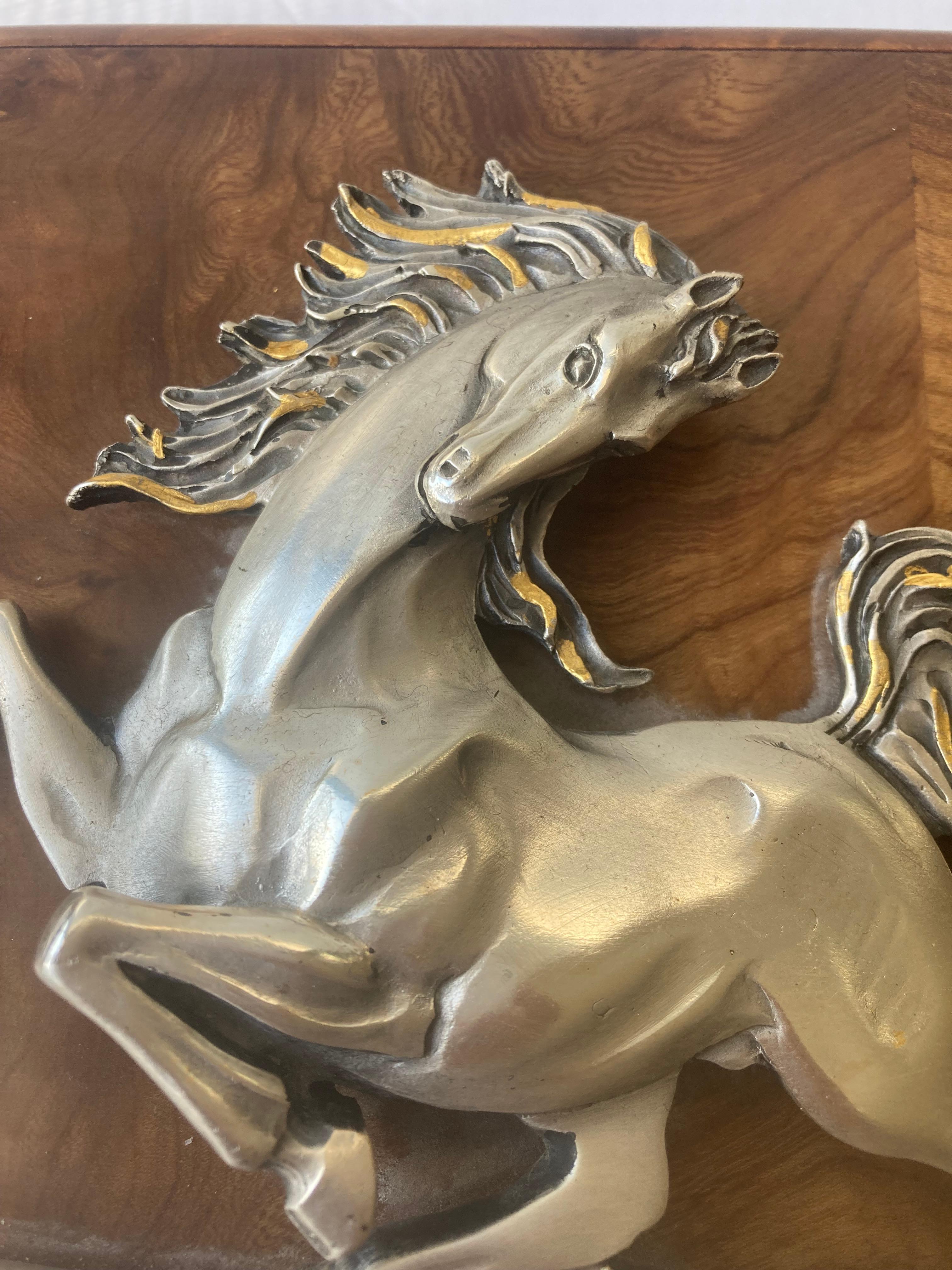 Ottaviani Large, Lux Wood Box & 800 Silver, Card, Dice, Poker Game Horse/Stallion In Good Condition For Sale In Los Angeles, CA