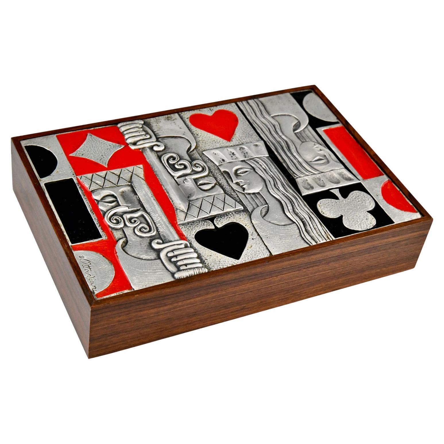 Ottaviani Mid Century Sterling silver enamel and wood playing card box For Sale