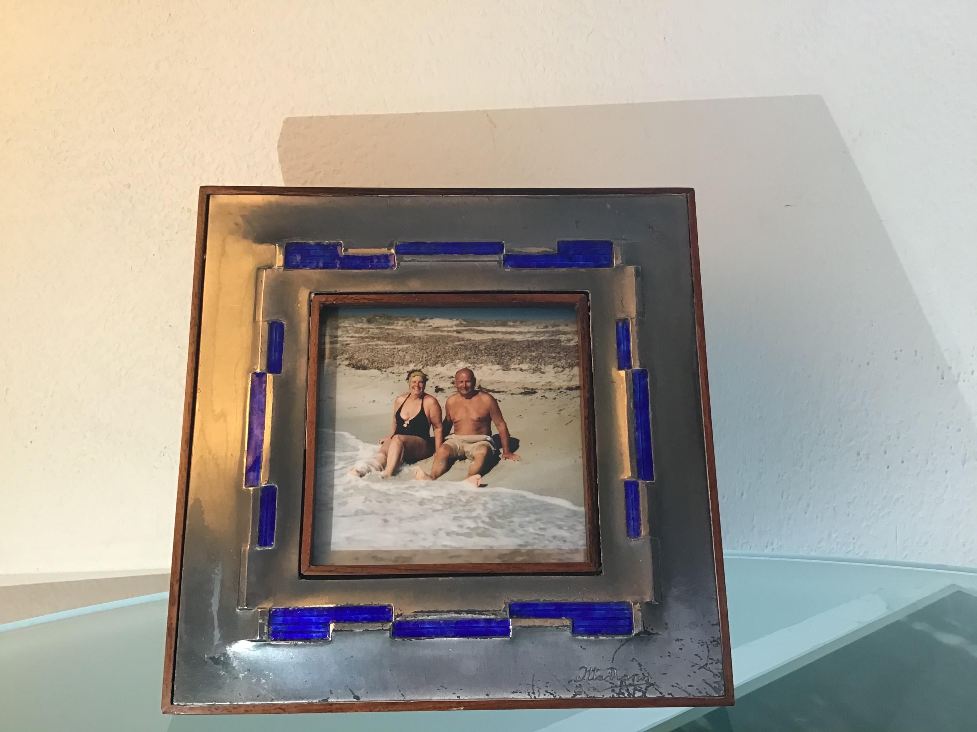 Ottaviani Pucture Frame 925 Silver Enamelled Copper Wood 1960 Italy For Sale 6