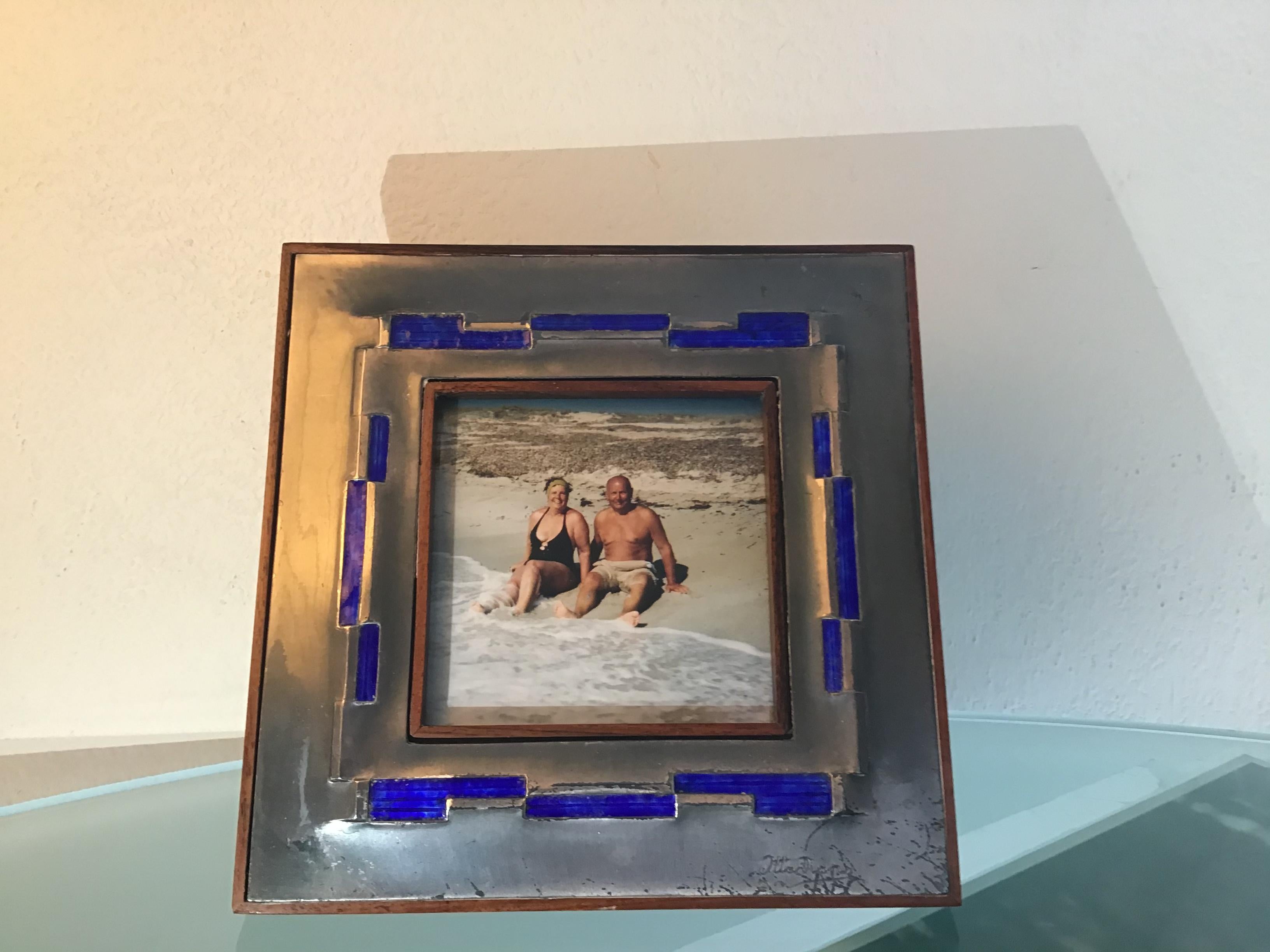 Ottaviani Pucture Frame 925 Silver Enamelled Copper Wood 1960 Italy For Sale 7