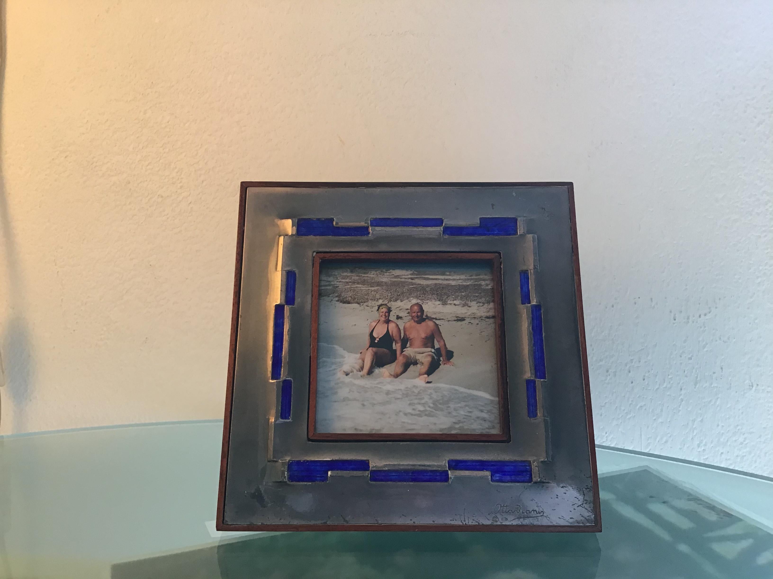 Ottaviani Pucture Frame 925 Silver Enamelled Copper Wood 1960 Italy In Good Condition For Sale In Milano, IT