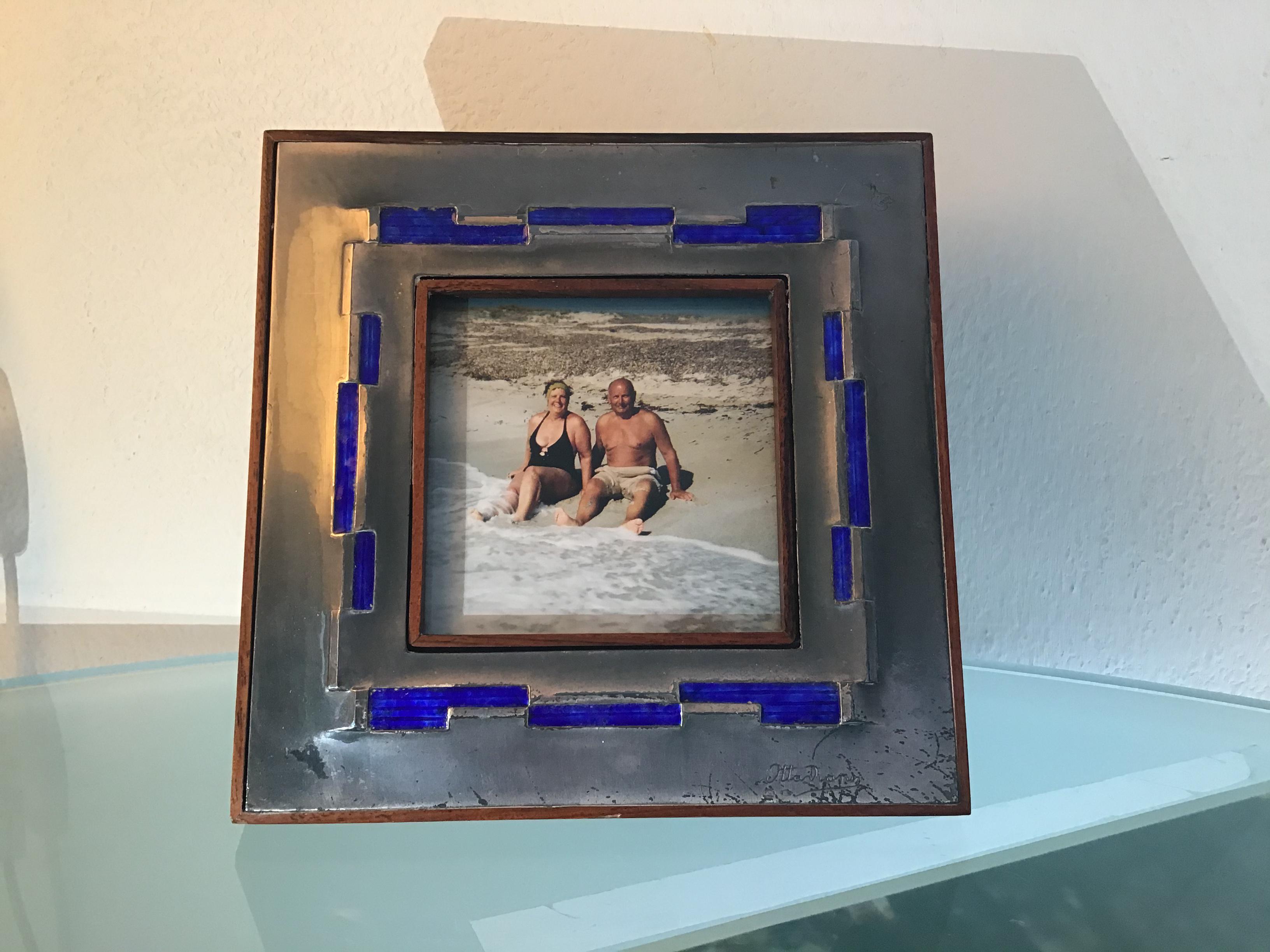 Ottaviani Pucture Frame 925 Silver Enamelled Copper Wood 1960 Italy For Sale 1