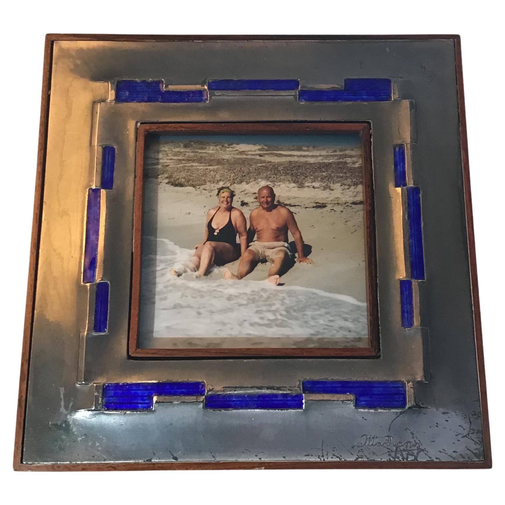 Ottaviani Pucture Frame 925 Silver Enamelled Copper Wood 1960 Italy For Sale