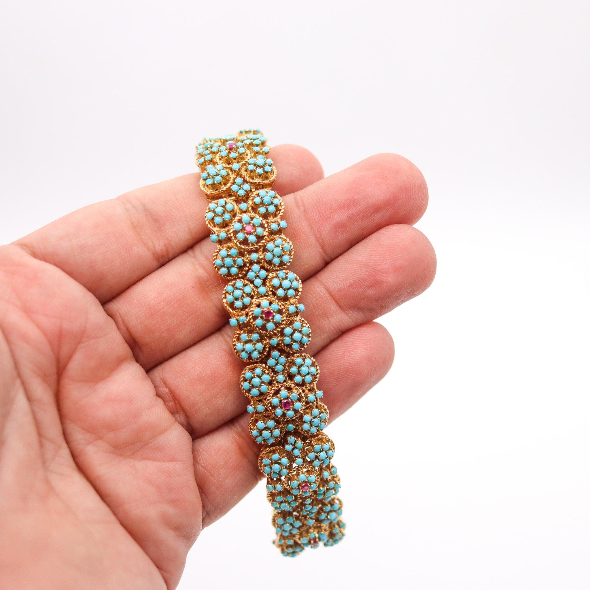 OTTAVIO MOLINA 1960 Modernist Bracelet 18Kt Gold With Blue Turquoises & Rubies 5