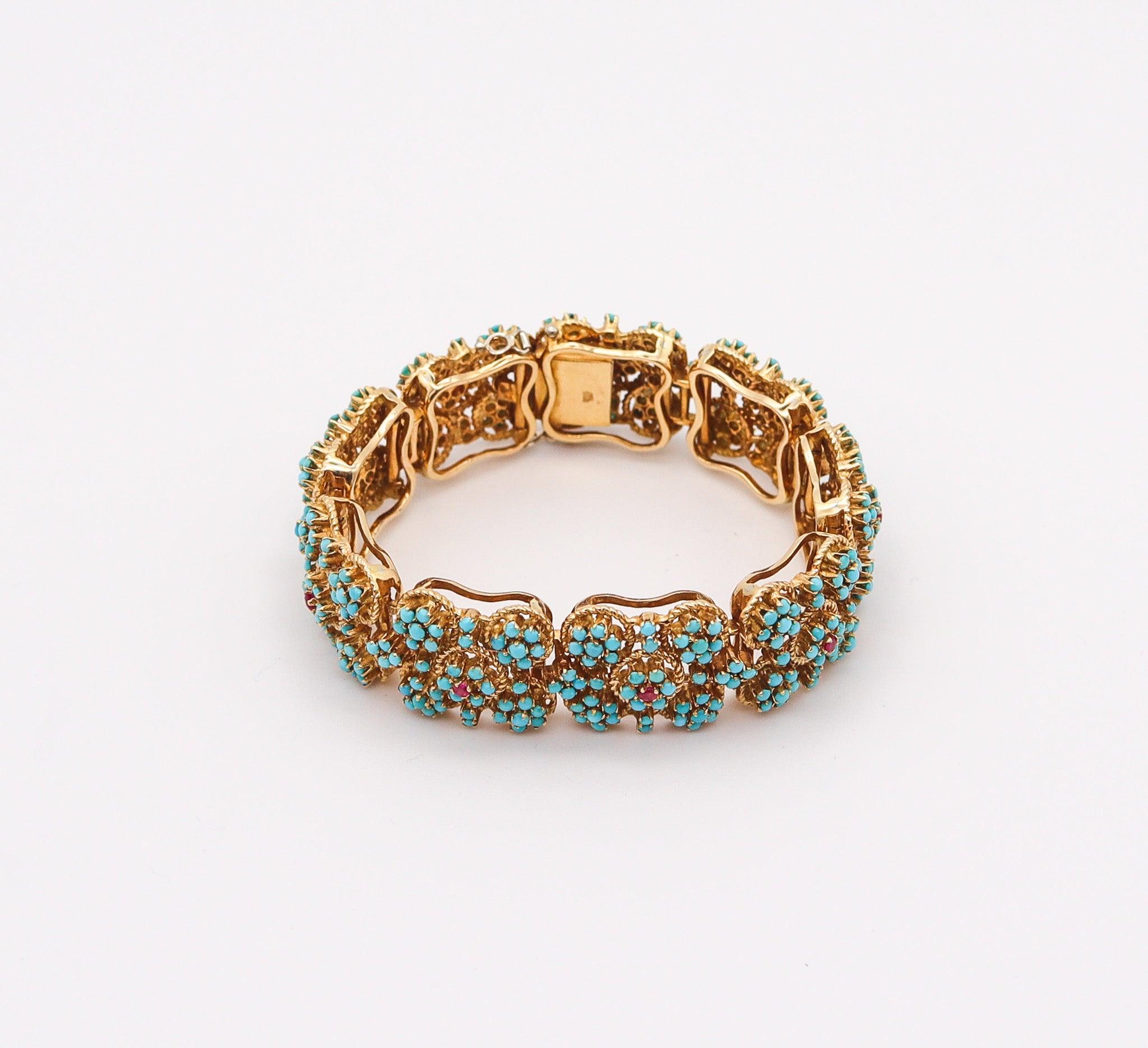 OTTAVIO MOLINA 1960 Modernist Bracelet 18Kt Gold With Blue Turquoises & Rubies In Excellent Condition In Miami, FL