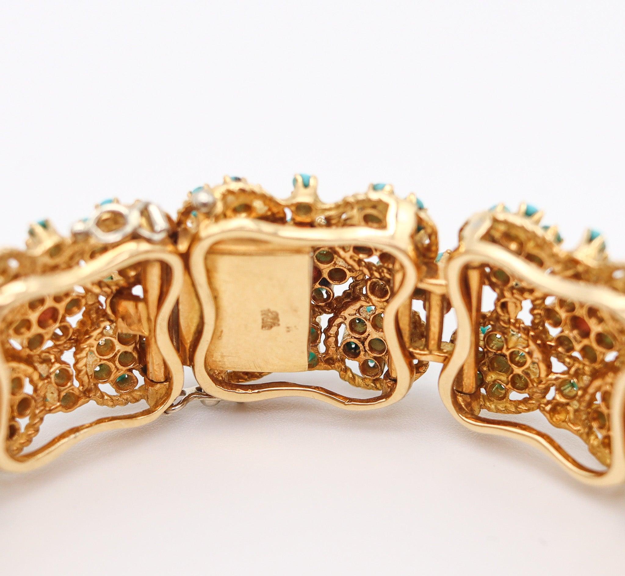 Women's OTTAVIO MOLINA 1960 Modernist Bracelet 18Kt Gold With Blue Turquoises & Rubies