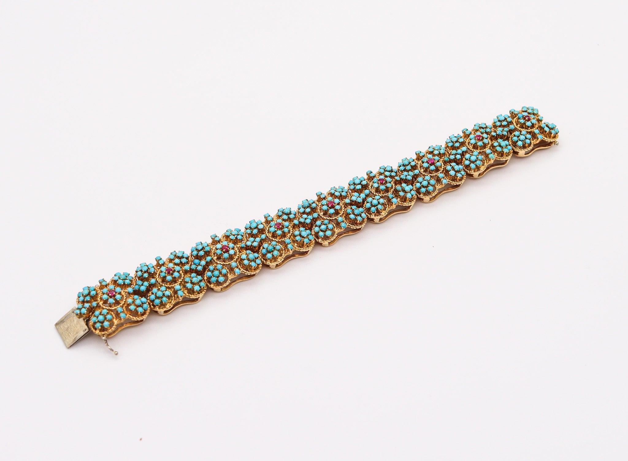 OTTAVIO MOLINA 1960 Modernist Bracelet 18Kt Gold With Blue Turquoises & Rubies 1