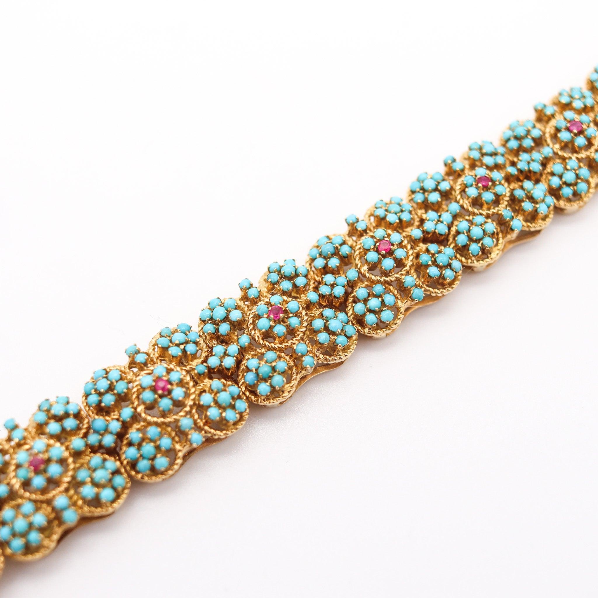 OTTAVIO MOLINA 1960 Modernist Bracelet 18Kt Gold With Blue Turquoises & Rubies 2
