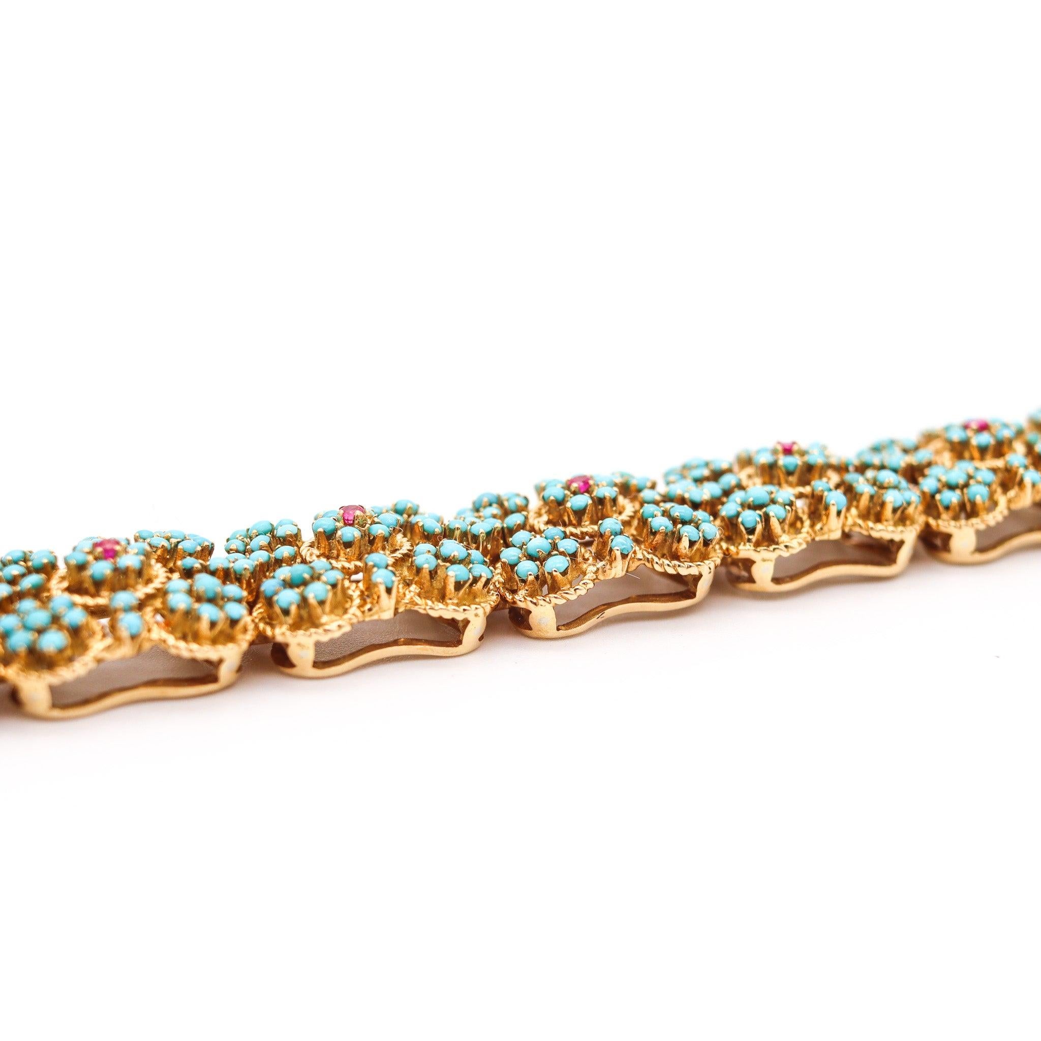 OTTAVIO MOLINA 1960 Modernist Bracelet 18Kt Gold With Blue Turquoises & Rubies 4