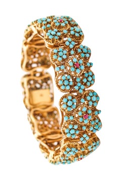 OTTAVIO MOLINA 1960 Modernist Bracelet 18Kt Gold With Blue Turquoises & Rubies
