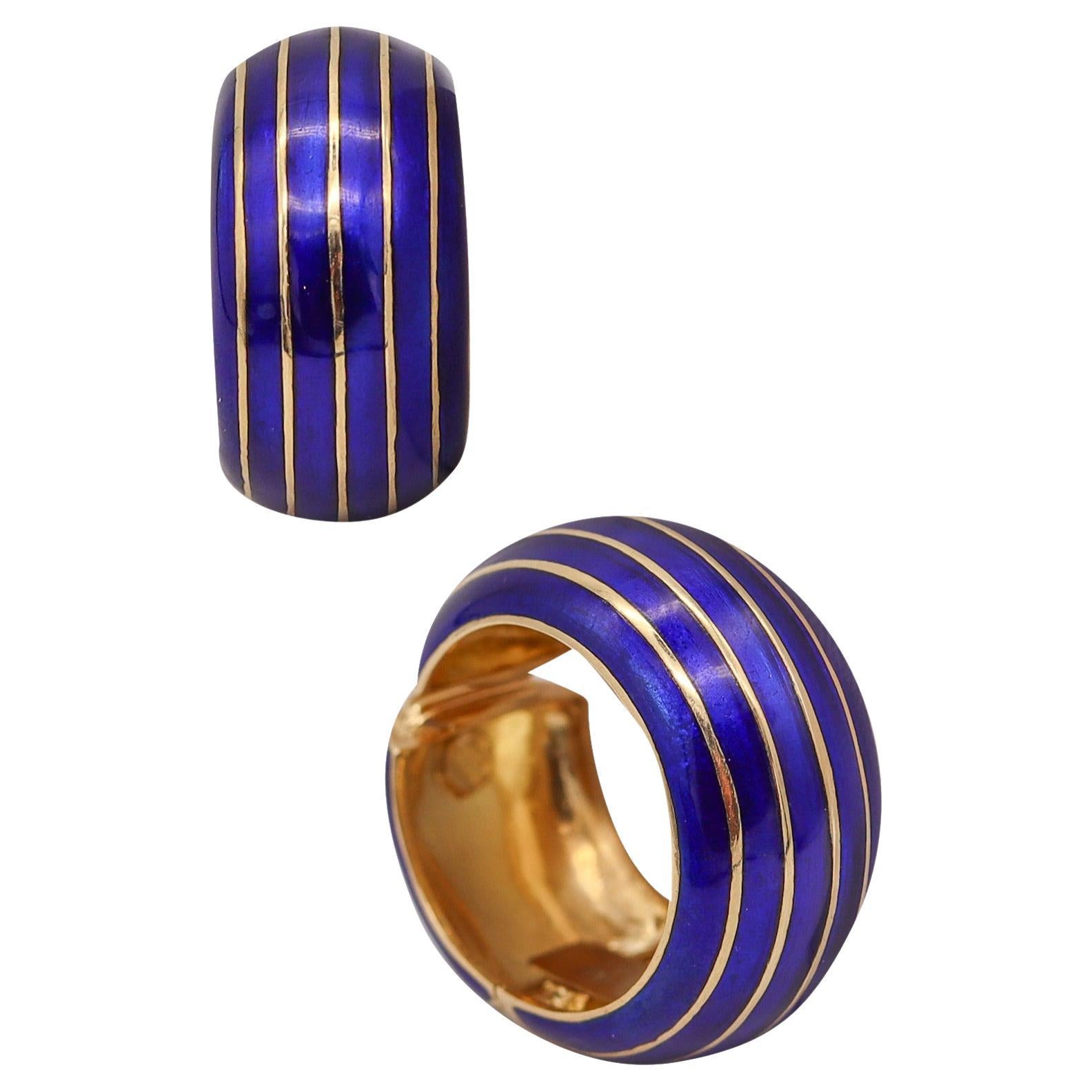 Ottavio Molina 1970 Italian Blue Enameled Hoops Earrings in 18kt Yellow Gold For Sale
