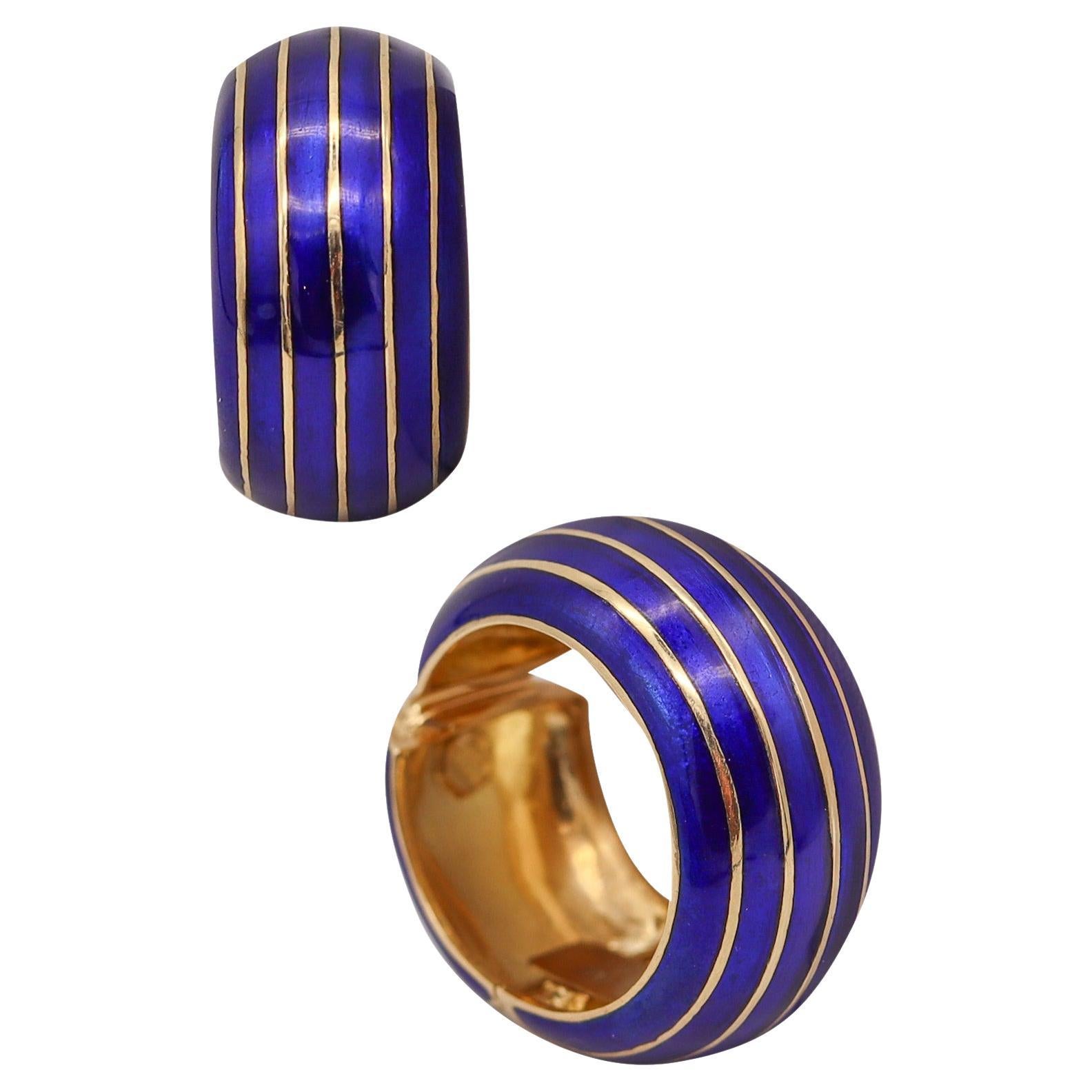 Ottavio Molina 1970 Italian Blue Enameled Hoops Earrings in 18kt Yellow Gold