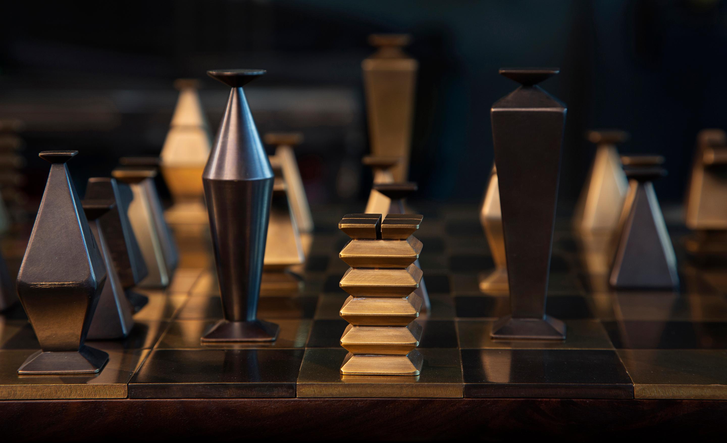 A special chess set in solid hand-patinated brass. Handcrafted in the North to order. Available in a range of materials and finishes, Otterburn can truly be customized and utterly unique with endless options and personalizations.

Dimensions: 
The