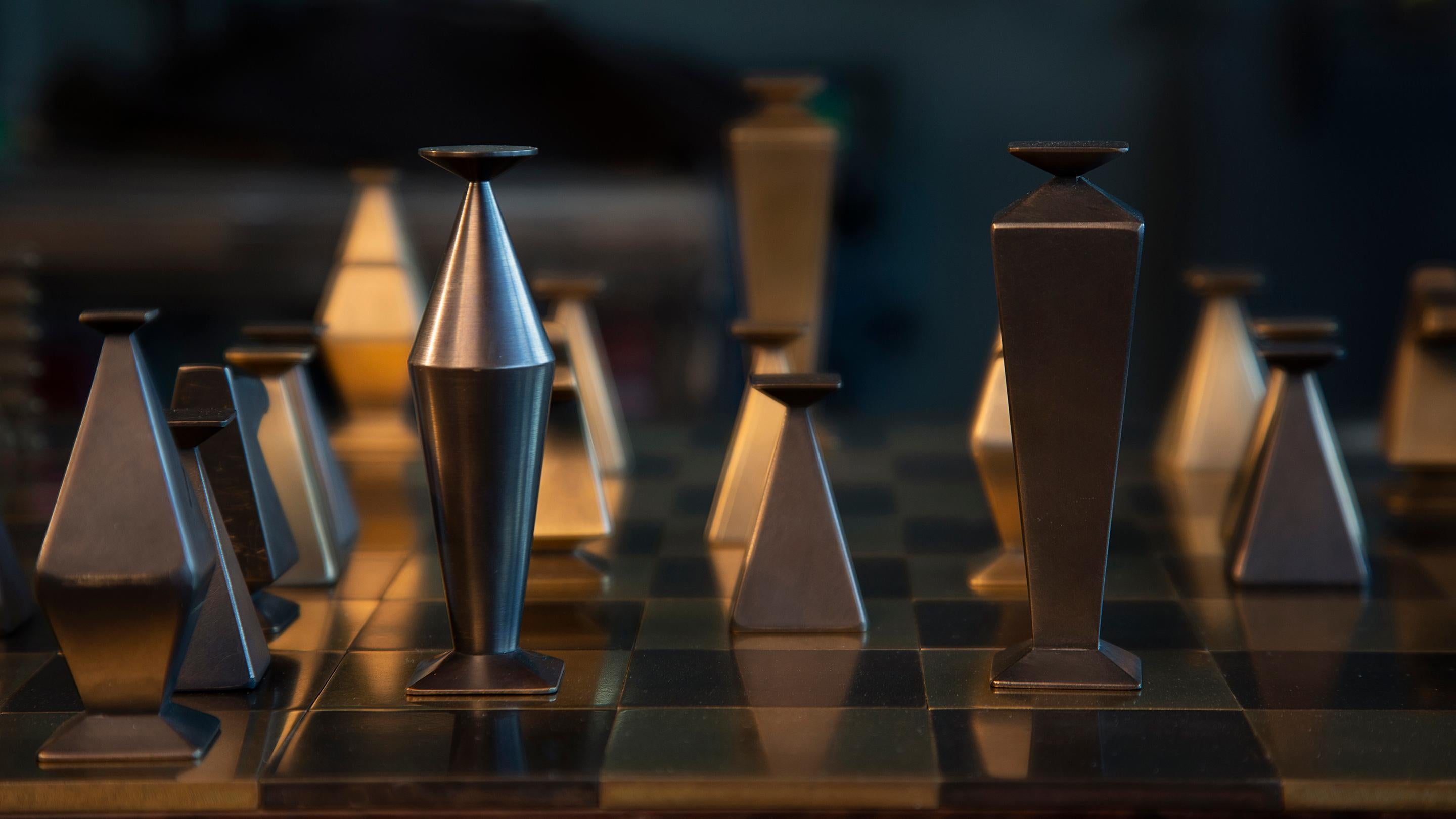 Polished Otterburn Chess Set & Board — Solid Hand-Patinated Brass and Walnut  For Sale