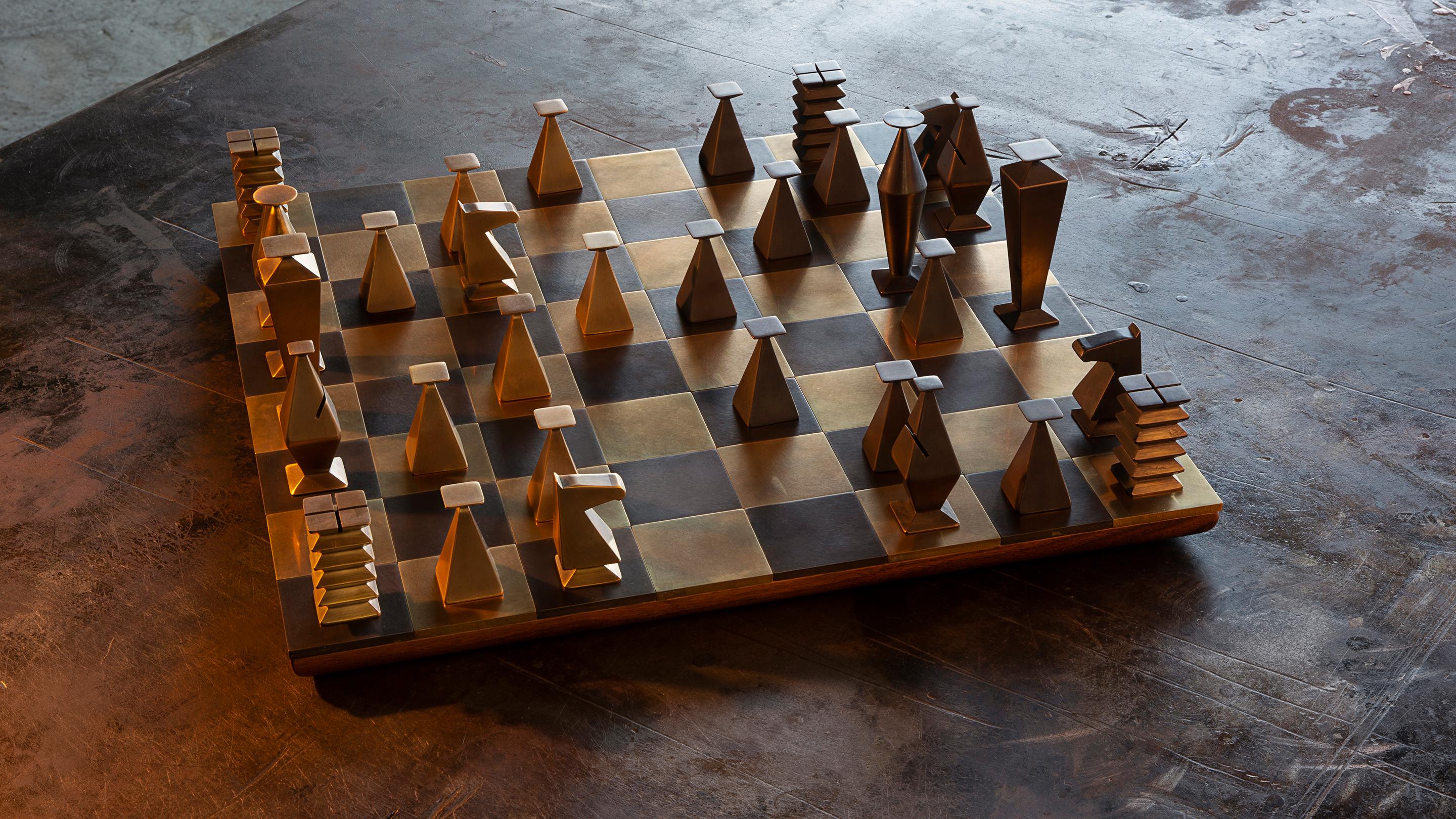 Otterburn Chess Set & Board — Solid Hand-Patinated Brass and Walnut  For Sale 1