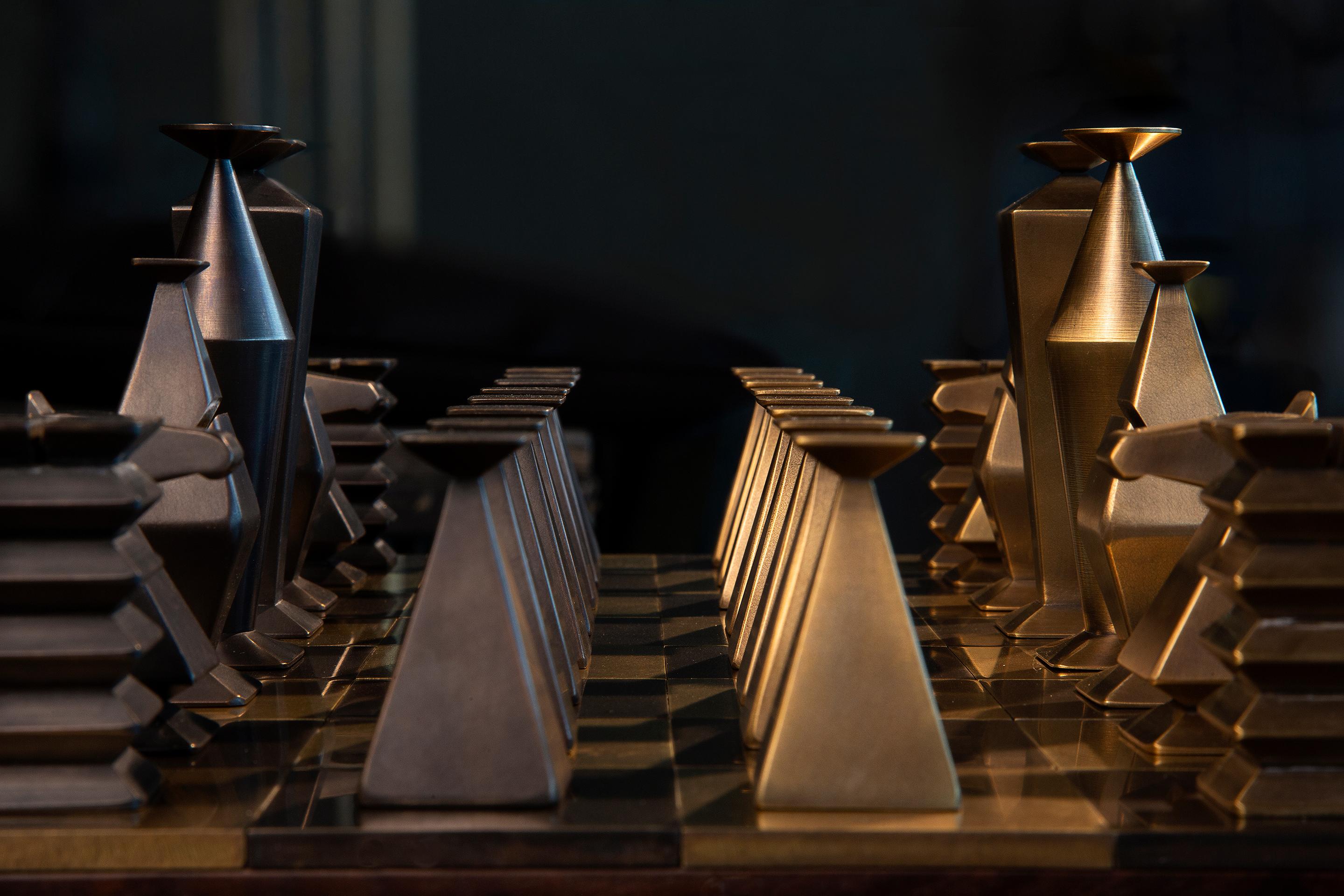 British Otterburn Chess Set, Board & Box — Solid Hand-Patinated Brass and Walnut  For Sale
