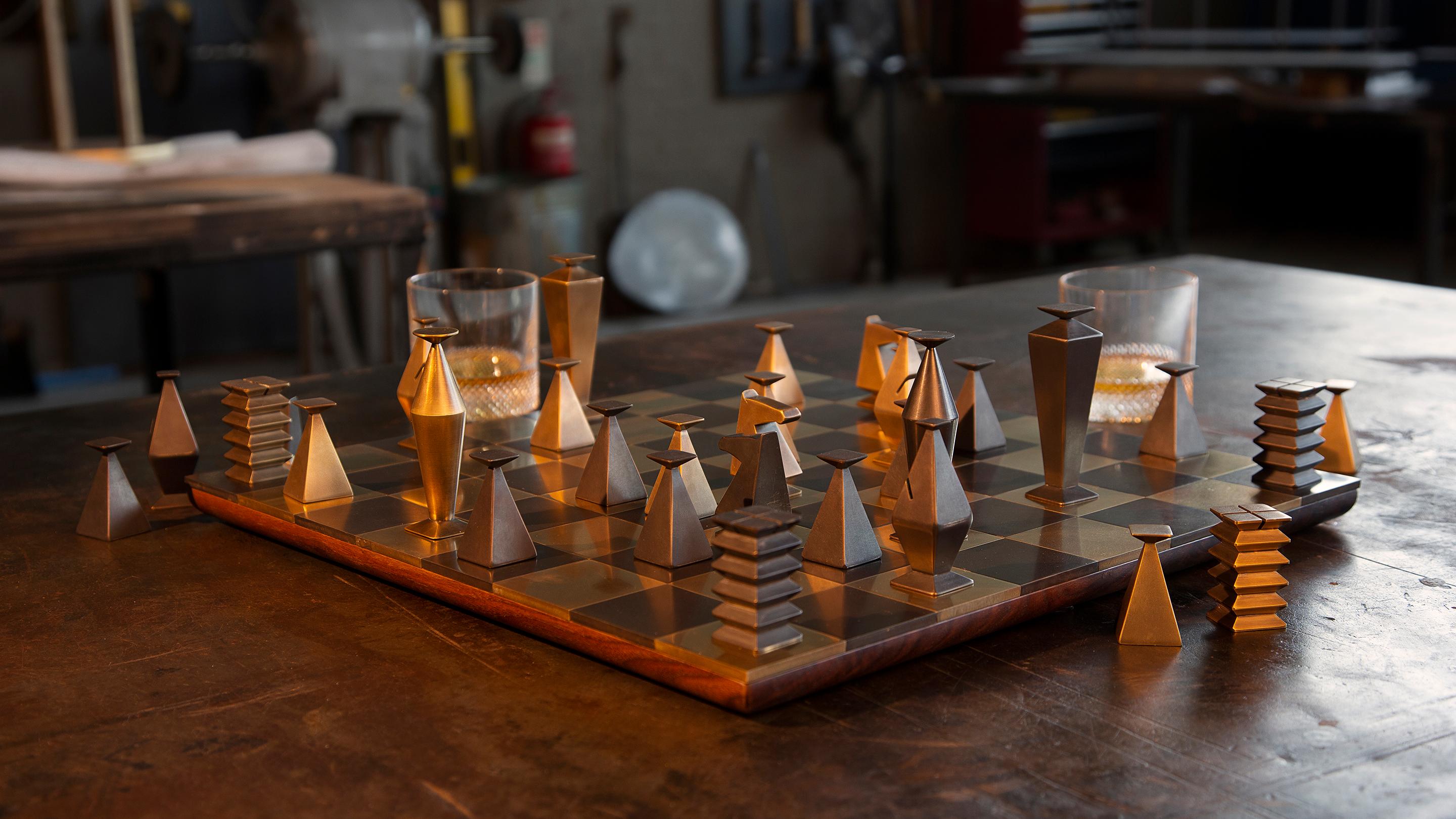 Brushed Otterburn Chess Set, Board & Box — Solid Hand-Patinated Brass and Walnut  For Sale