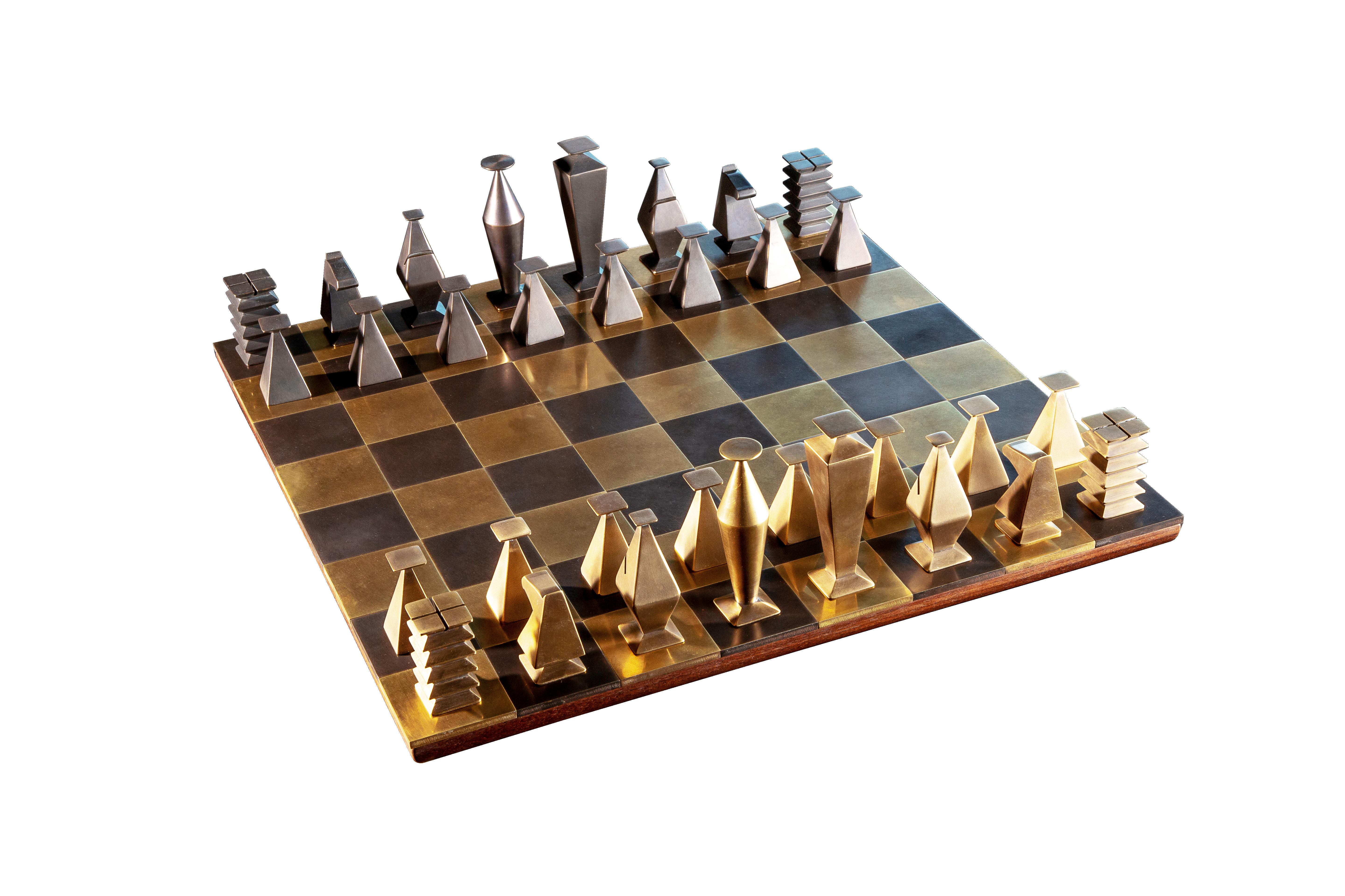 Otterburn Chess Set, Board & Box — Solid Hand-Patinated Brass and Walnut  For Sale