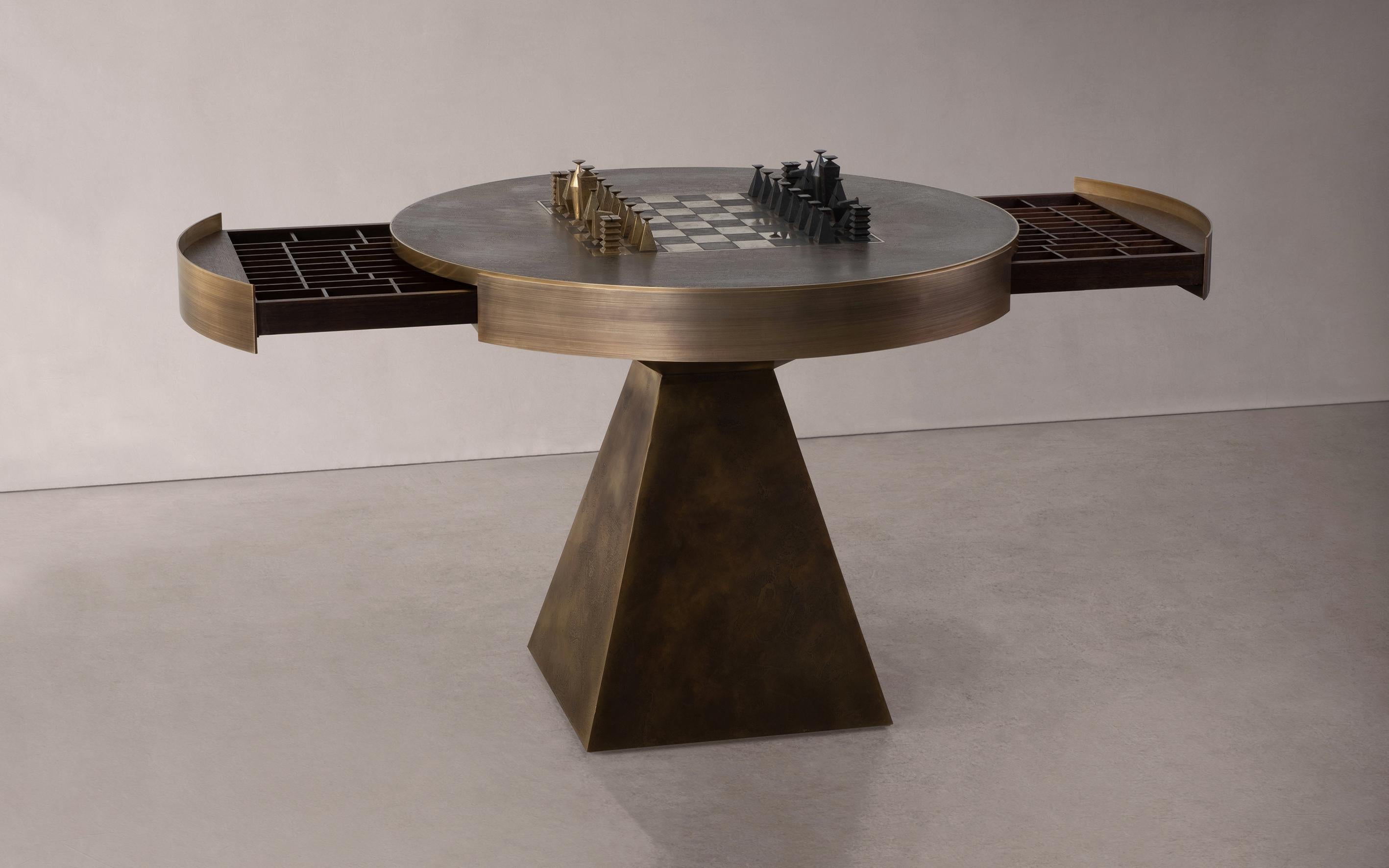 British Otterburn Chess Table — Solid Hand-Patinated Brass and Walnut — Made in Britain For Sale