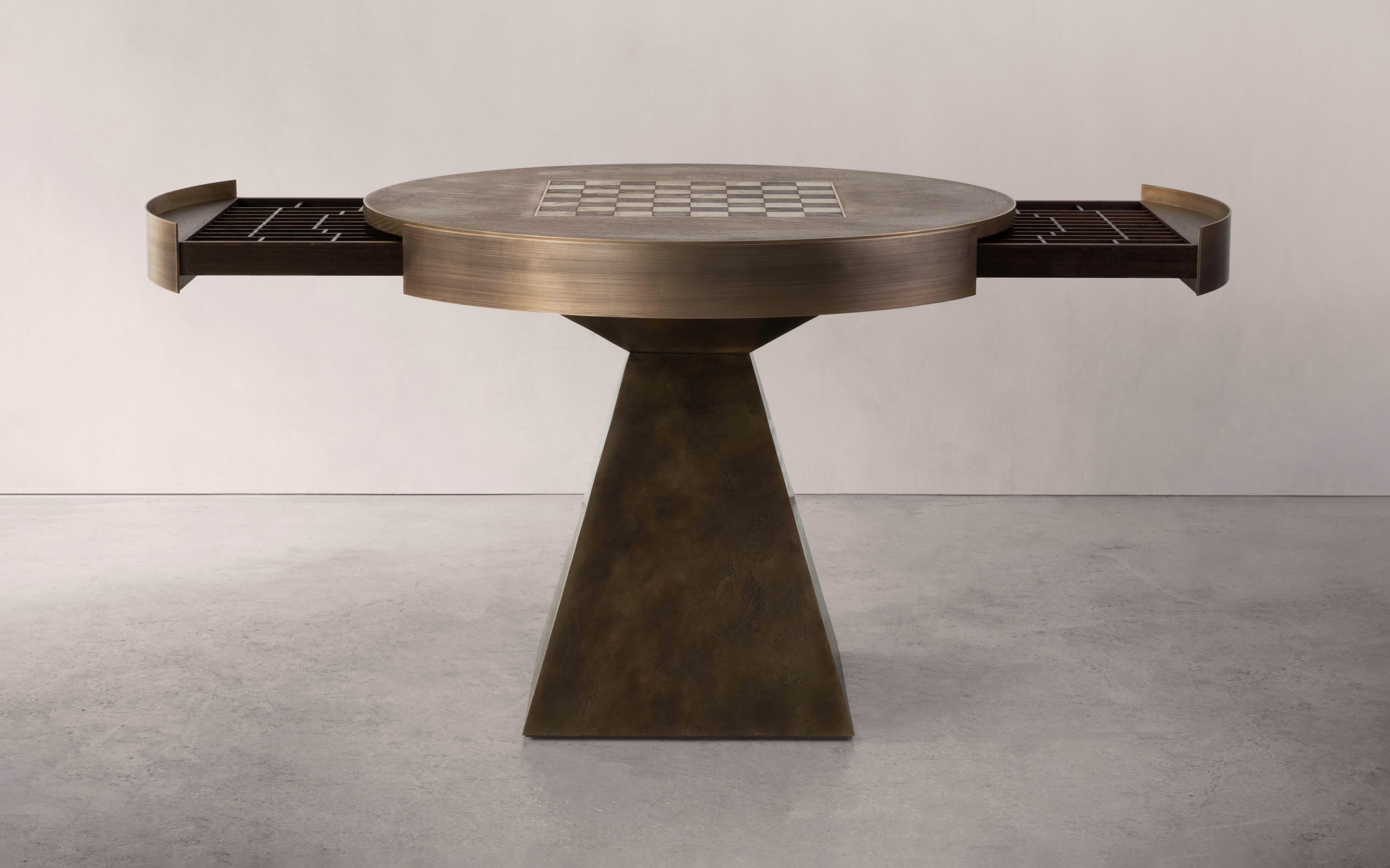 Polished Otterburn Chess Table — Solid Hand-Patinated Brass and Walnut — Made in Britain For Sale
