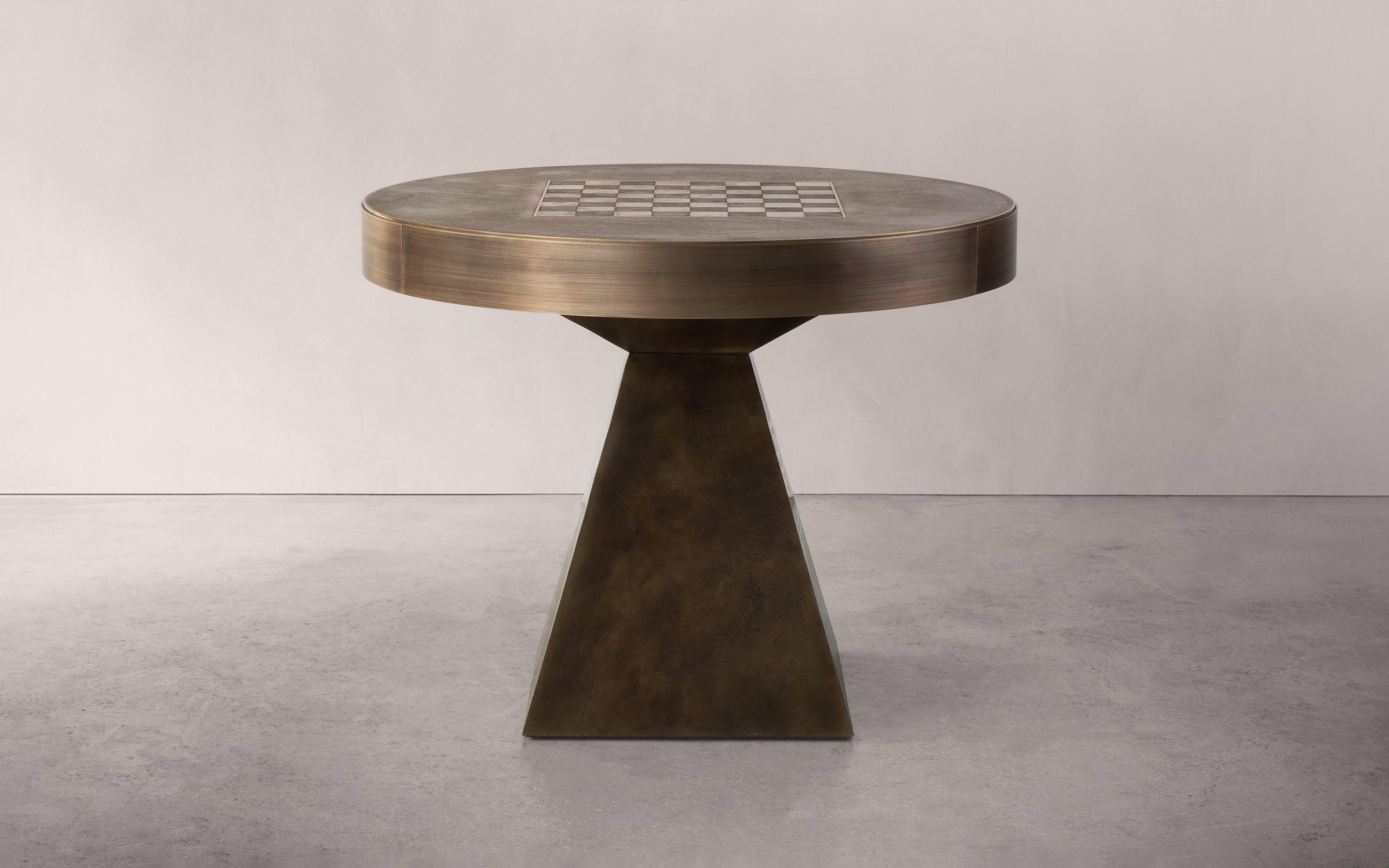 Otterburn Chess Table — Solid Hand-Patinated Brass and Walnut — Made in Britain In New Condition For Sale In Washington, GB