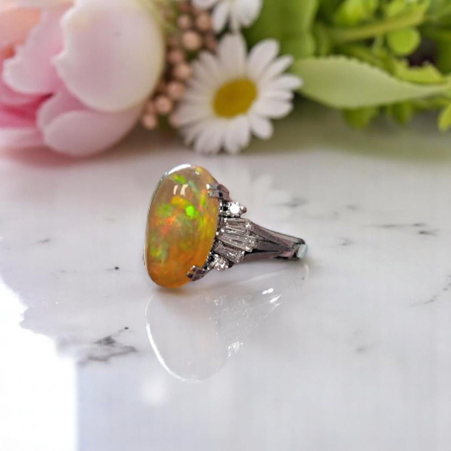 Square Cut Ottilie  Platinum Ring with 4.63ct Fire Opal and 0.52ct Diamonds, Elegant Opal For Sale