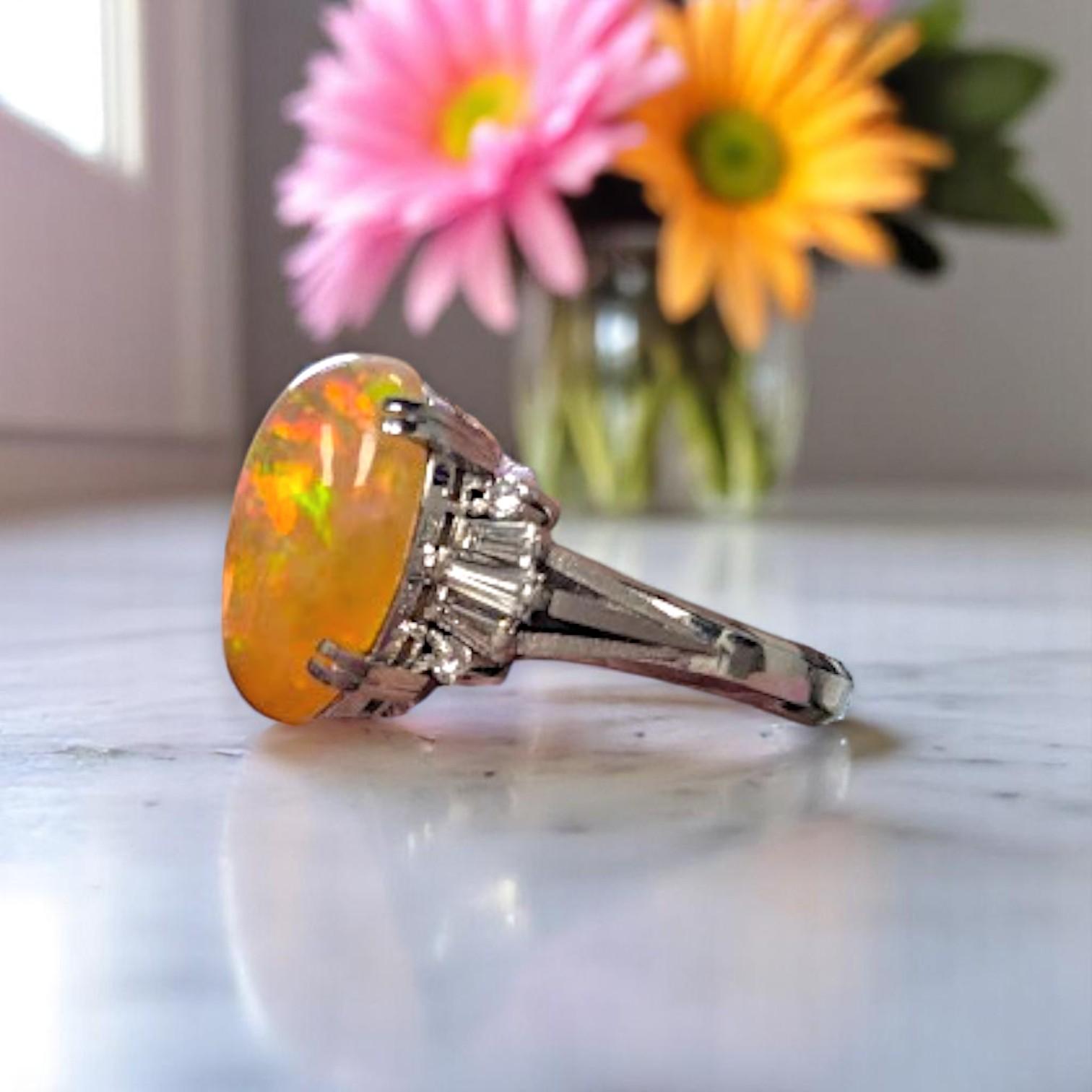 Ottilie  Platinum Ring with 4.63ct Fire Opal and 0.52ct Diamonds, Elegant Opal In New Condition For Sale In Greeneville, TN