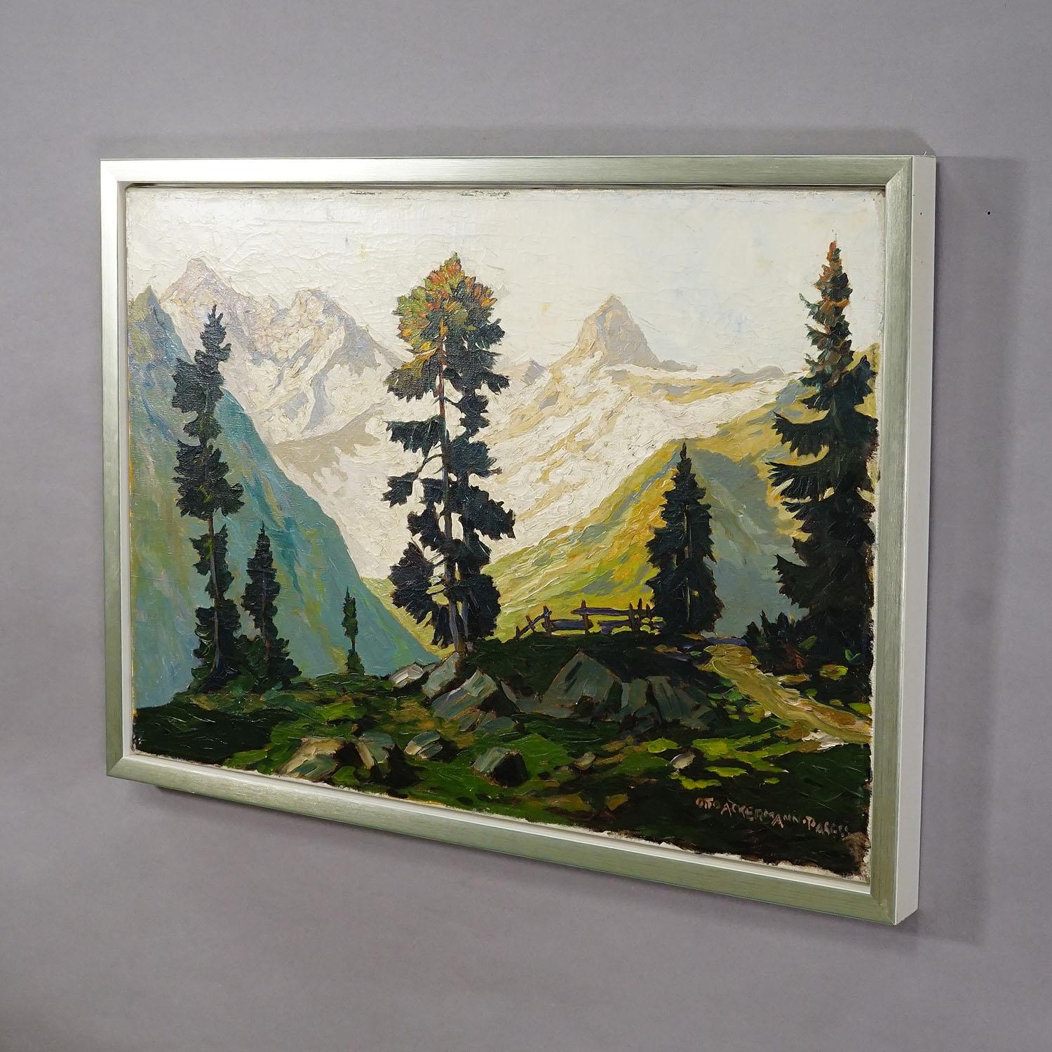 Otto Ackermann - Sommerliche Hochgebirgslandschaft ca. 1920s

Ein impressionistisches Ölgemälde, das eine Hochgebirgslandschaft mit Kiefern vor den Bergen darstellt. Ölgemälde auf Leinwand mit Pastellfarben. Gemalt von Otto Ackermann in den 1920er