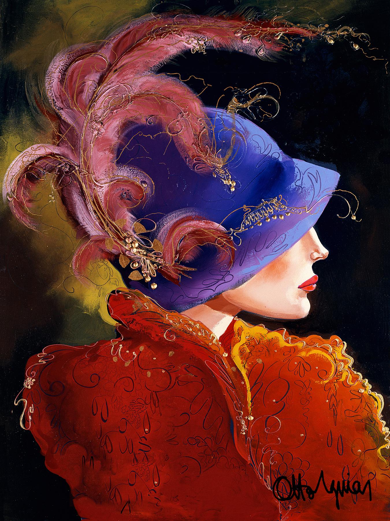 A striking female figure in profile. Dramatic black background, in sharp contrast with the porcelain, chiseled features, inspired by the artist’s lovely daughter as a child. Vibrant red, magenta, and purple hues, flamboyant plumage. Angelika has