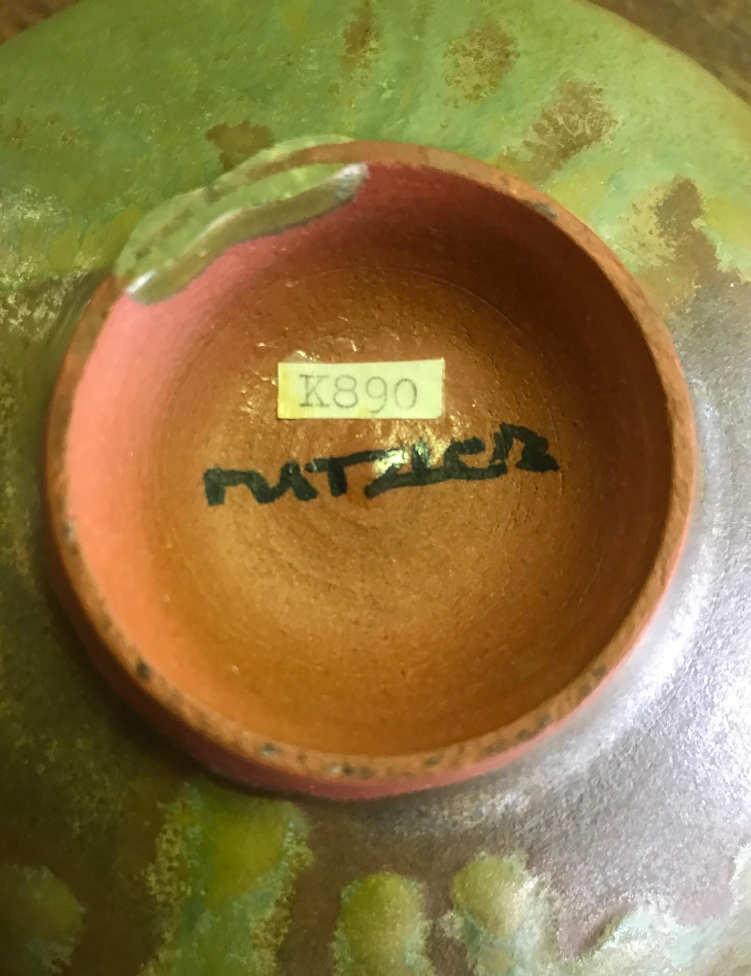 American Otto and Gertrud Natzler Signed Green Lava Glaze Bowl with Original Paper Label For Sale