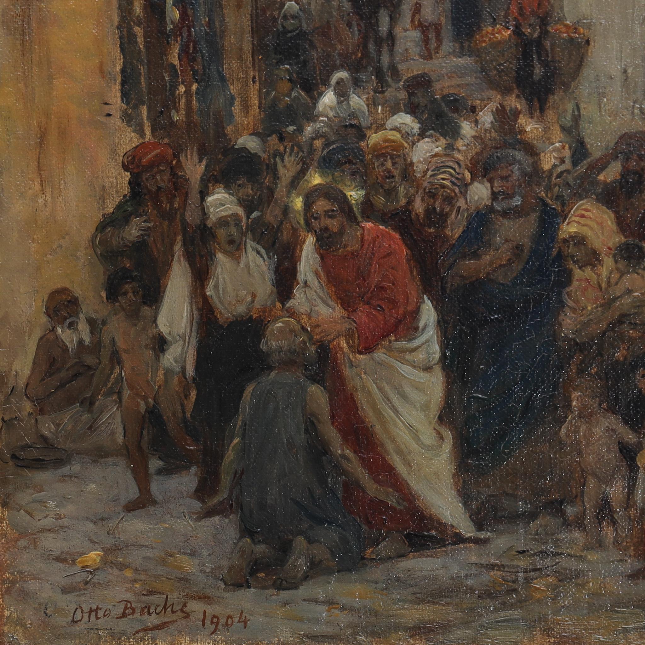 Jesus Healing a Blind Man - Gray Figurative Painting by Otto Bache