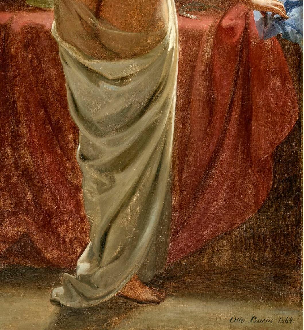 In this neoclassical oil on canvas signed and dated “Otto Bache 1864”, the artist depicts Psyche standing with her back turned to the viewer beside a red draped table. Her hair is arranged in a tight knot, secured with a hairpin adorned with two