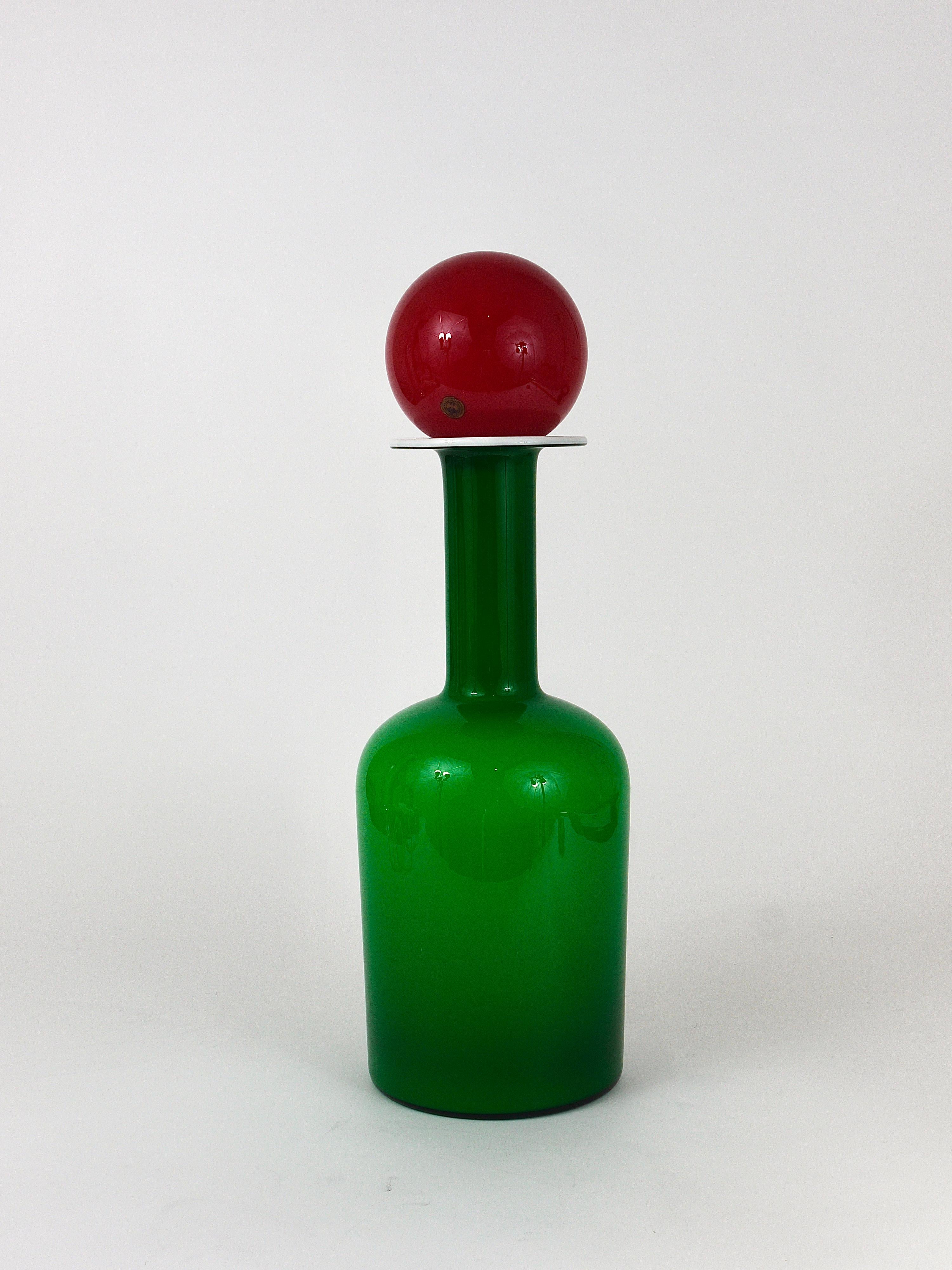 Danish Otto Bauer Gulvase Green and Red Bottle Vase, Holmegaard Kastrup, 1960s