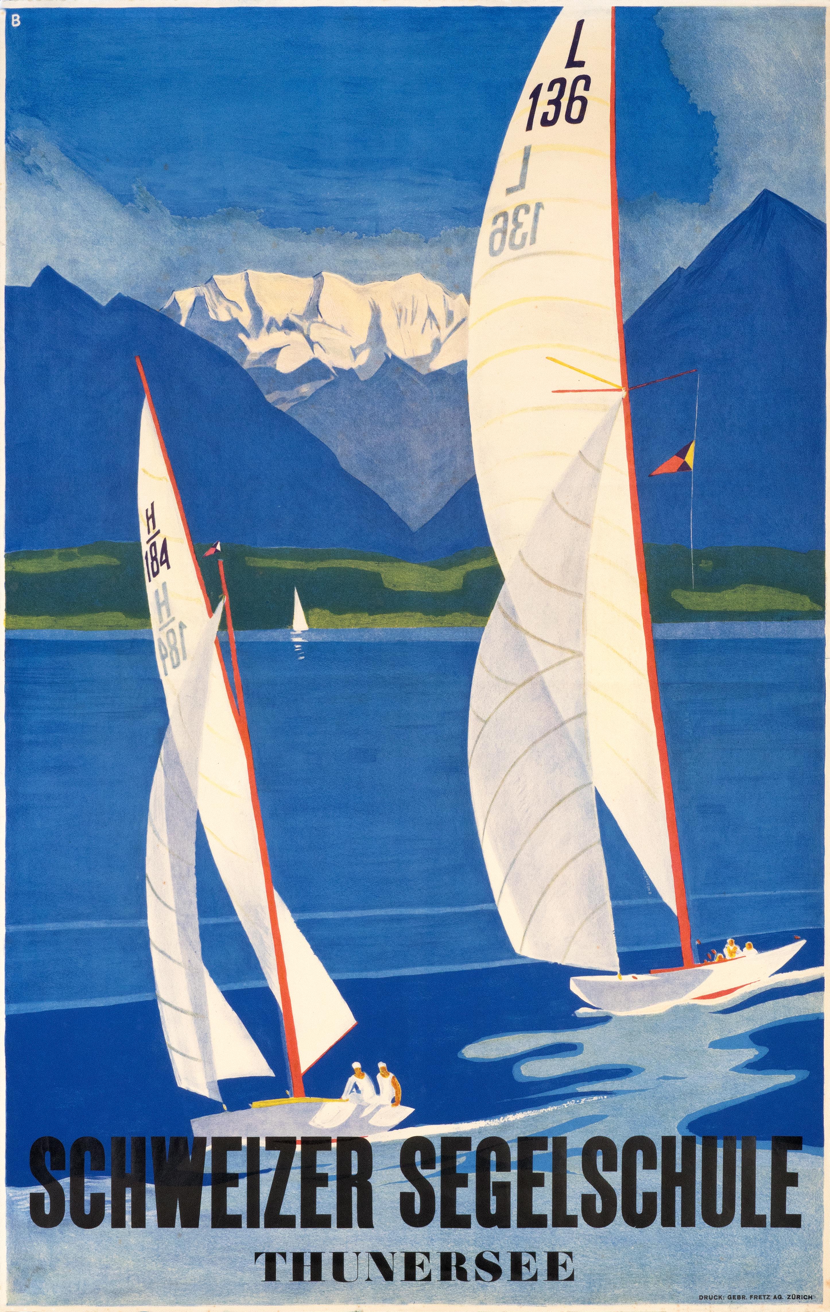 "Schweizer Segelschule Thunersee" Original Vintage Boating Poster - Print by Otto Baumberger