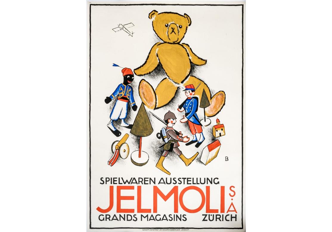 Affiche Vintage représentant des jouets d'enfants comprenant des soldats, des ours et des structures. La partie inférieure porte la mention 