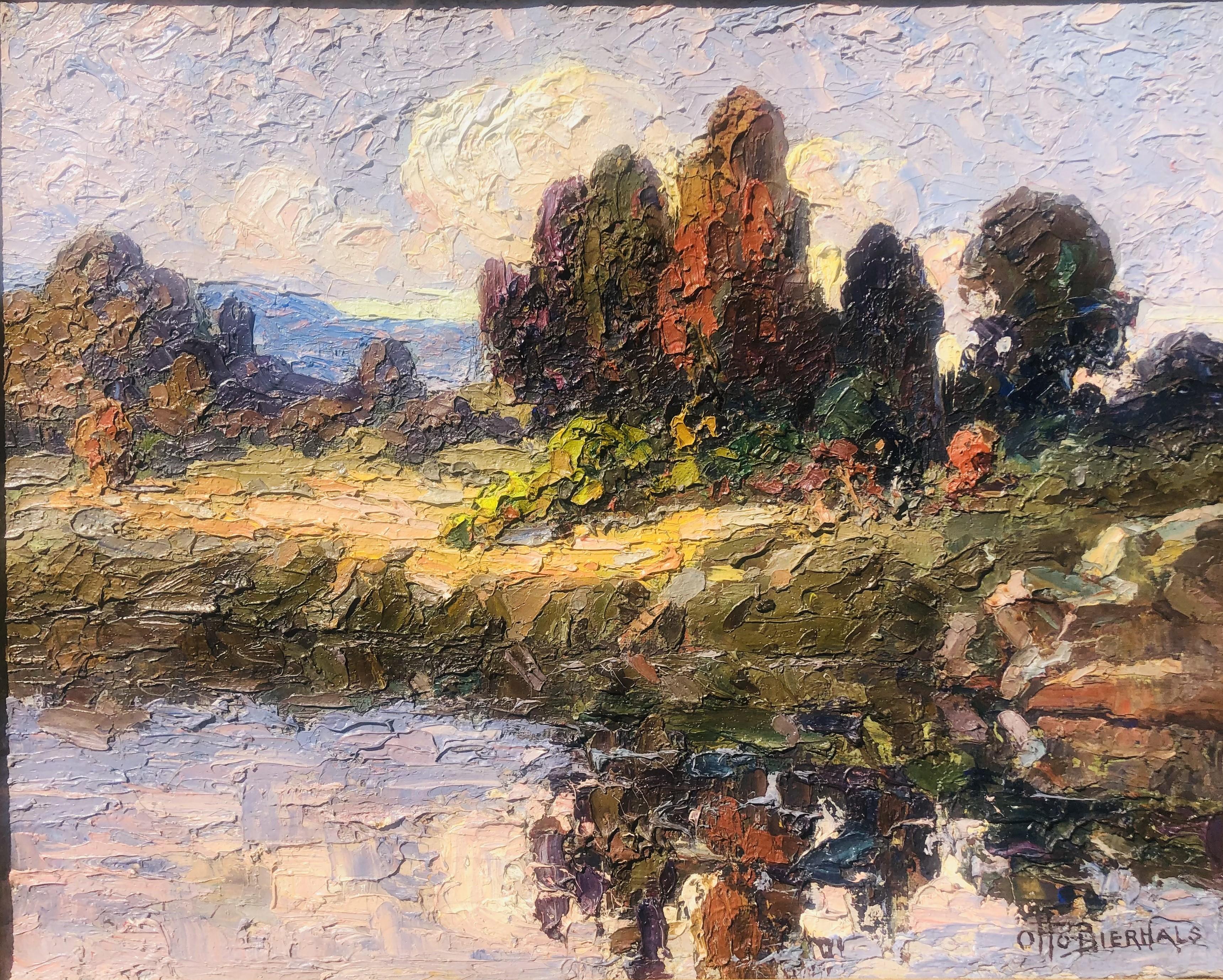 Brillante dipinto di paesaggio fauvista di Otto Bierhals. Il dipinto è un olio su tela che misura 16