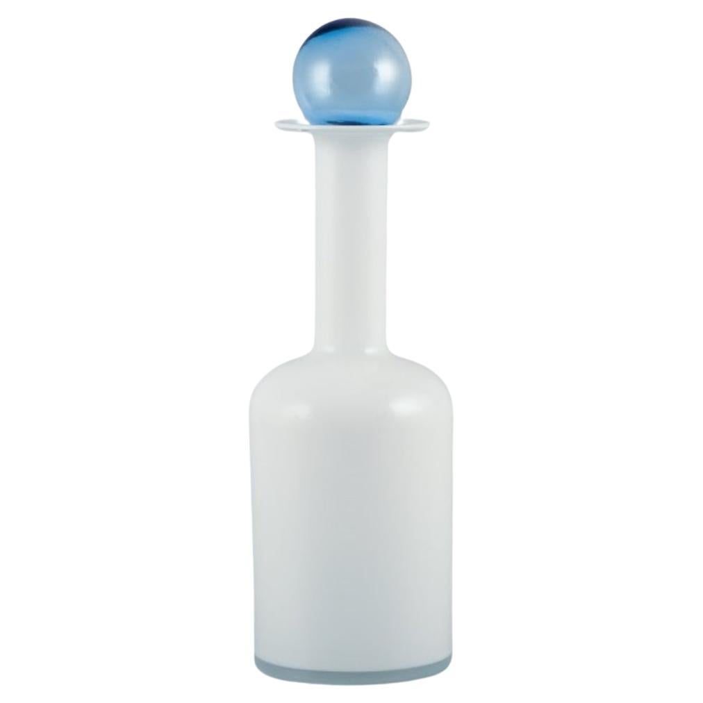 Otto Brauer for Holmegaard. Bottle in white art glass with a light blue ball. For Sale