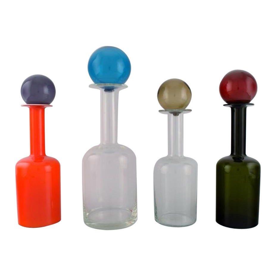 Otto Brauer for Holmegaard, Four Large Bottles in Mouth-Blown Art Glass