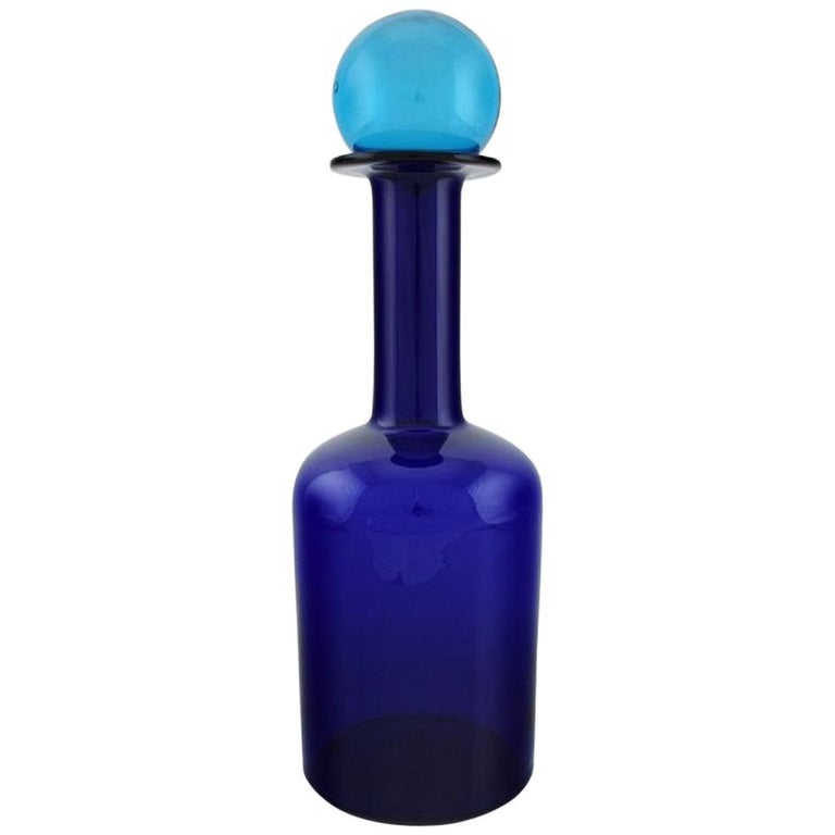 Otto Brauer for Holmegaard, Large Vase / Bottle in Blue Art Glass with Blue Ball For Sale at 1stDibs