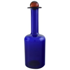 Otto Brauer for Holmegaard, Large Vase / Bottle in Blue Art Glass with Red Ball